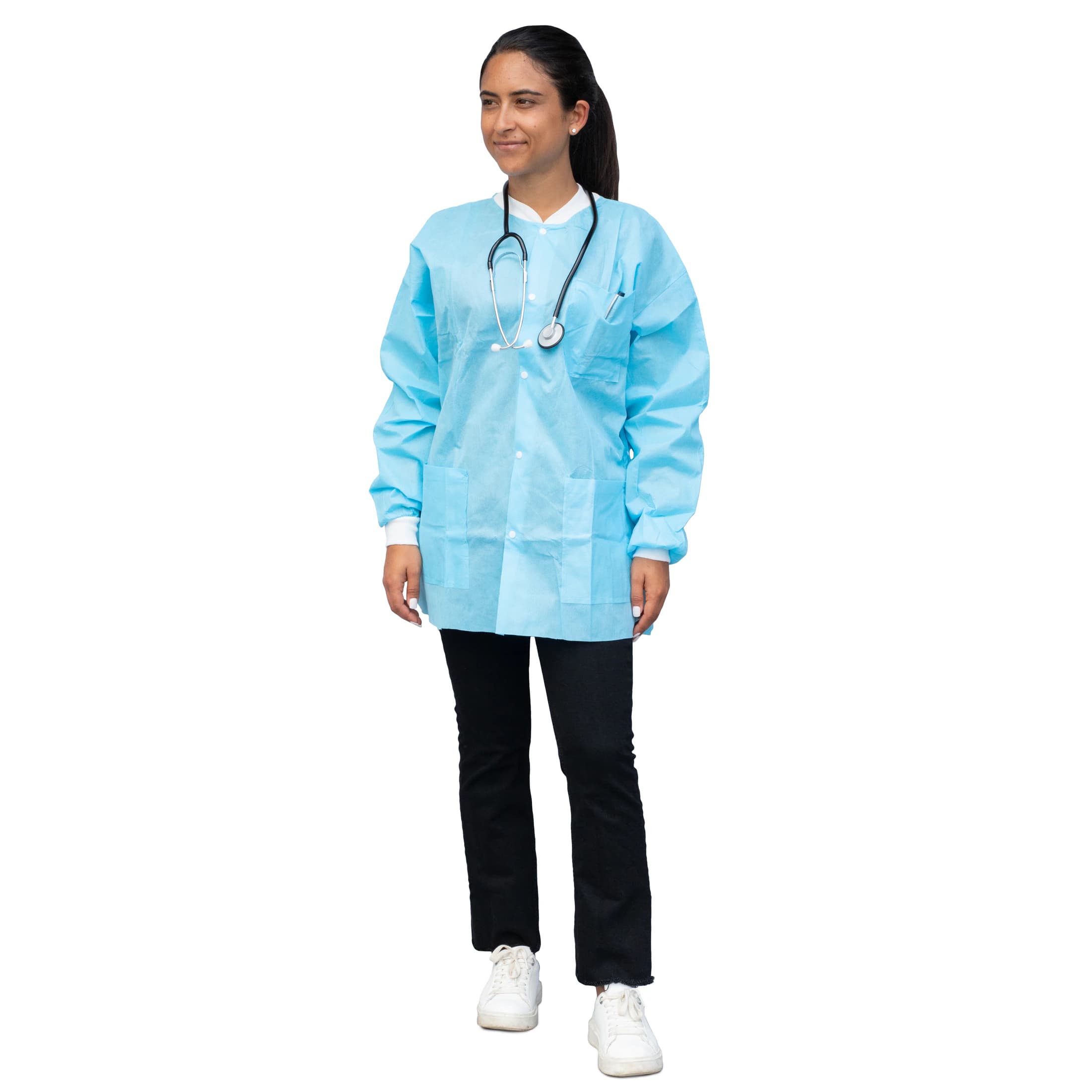 Dukal FitMe Disposable Lab Jacket, Sky Blue, Small, 10/Pack, UGJ-6501-S thumbnail 4