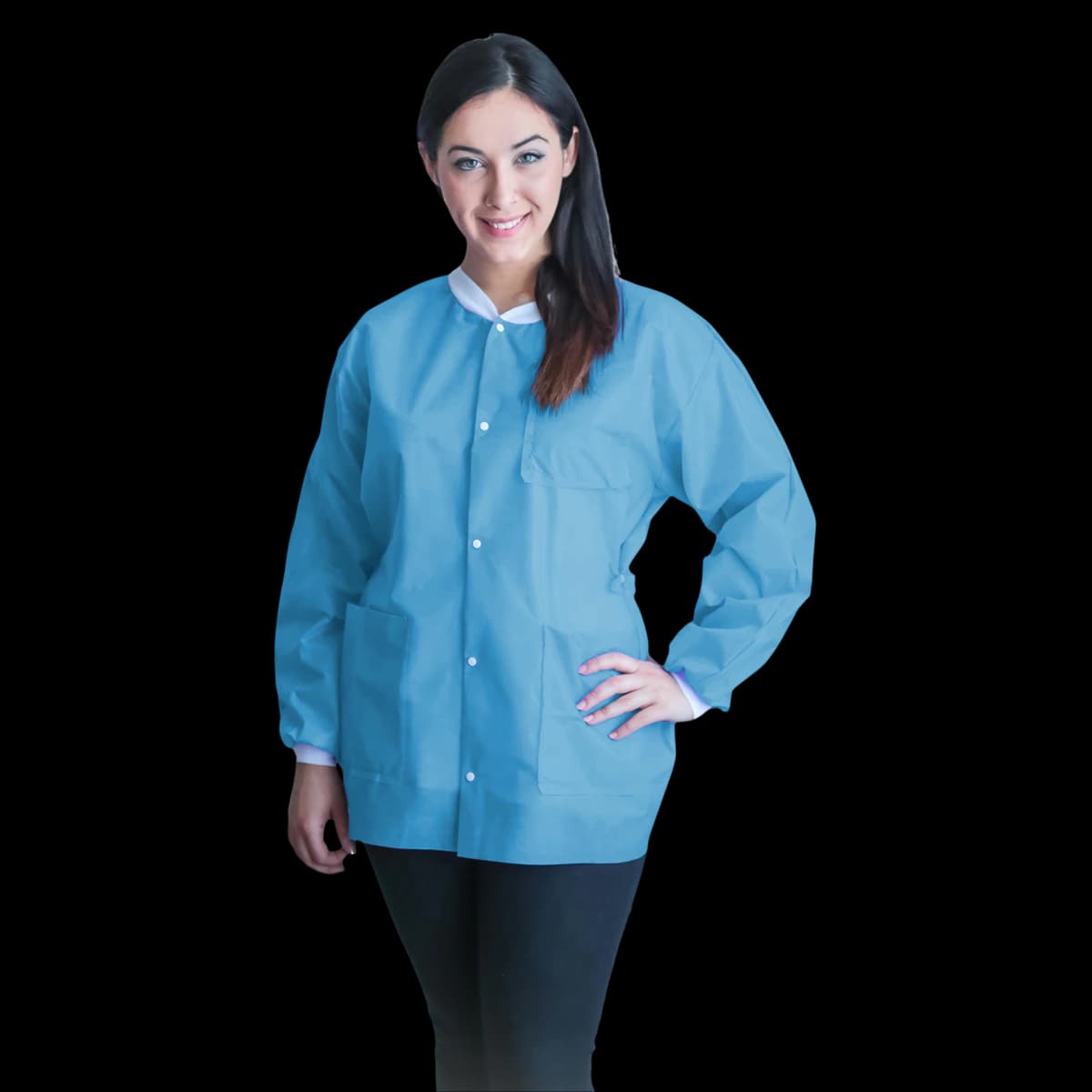 Dukal FitMe Disposable Lab Jacket, Sky Blue, Small, 10/Pack, UGJ-6501-S thumbnail 2