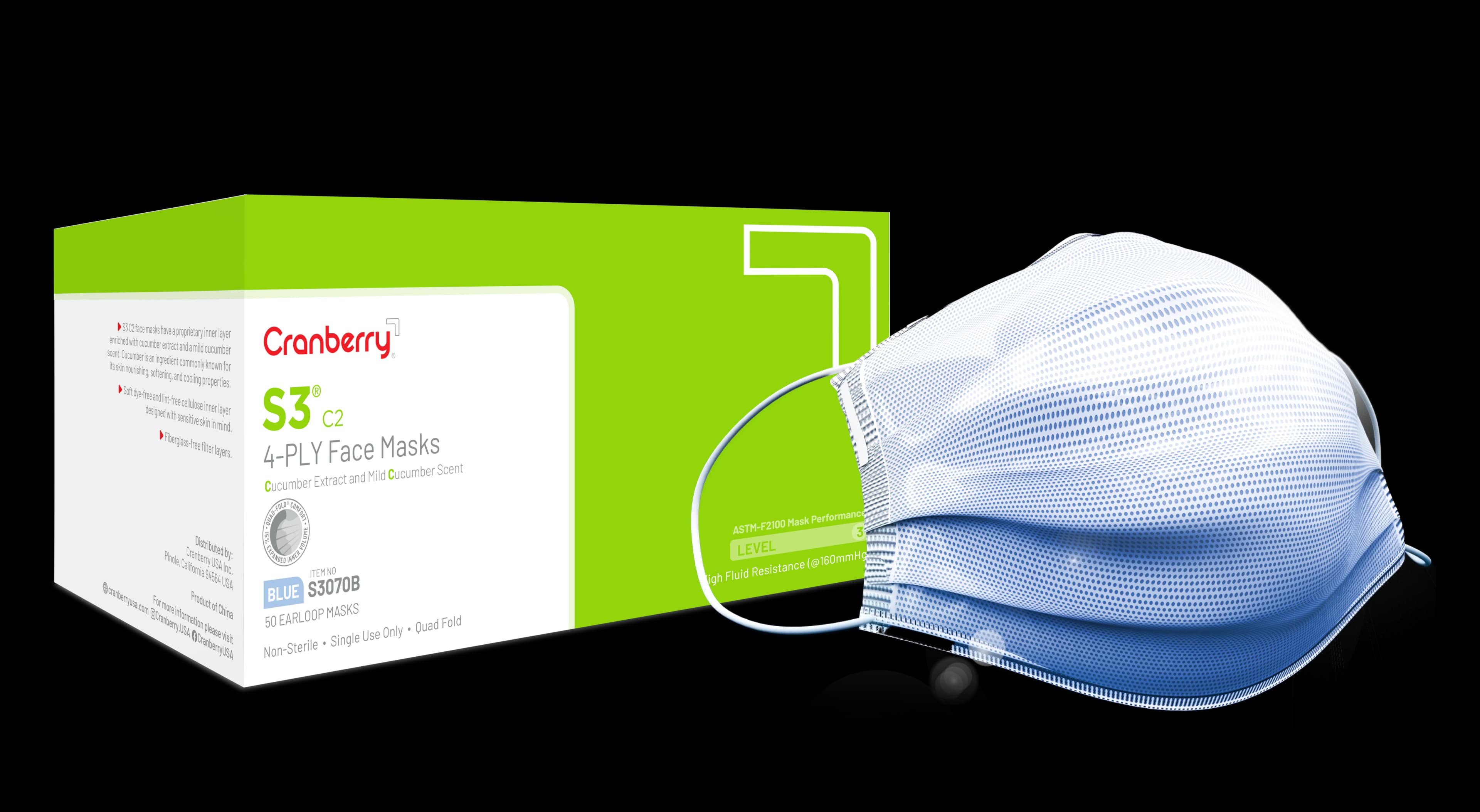 Cranberry S3 C2 Earloop Face Mask, ASTM Level 3, Blue, Cucumber Scent, 50/Box, S3070B thumbnail 2