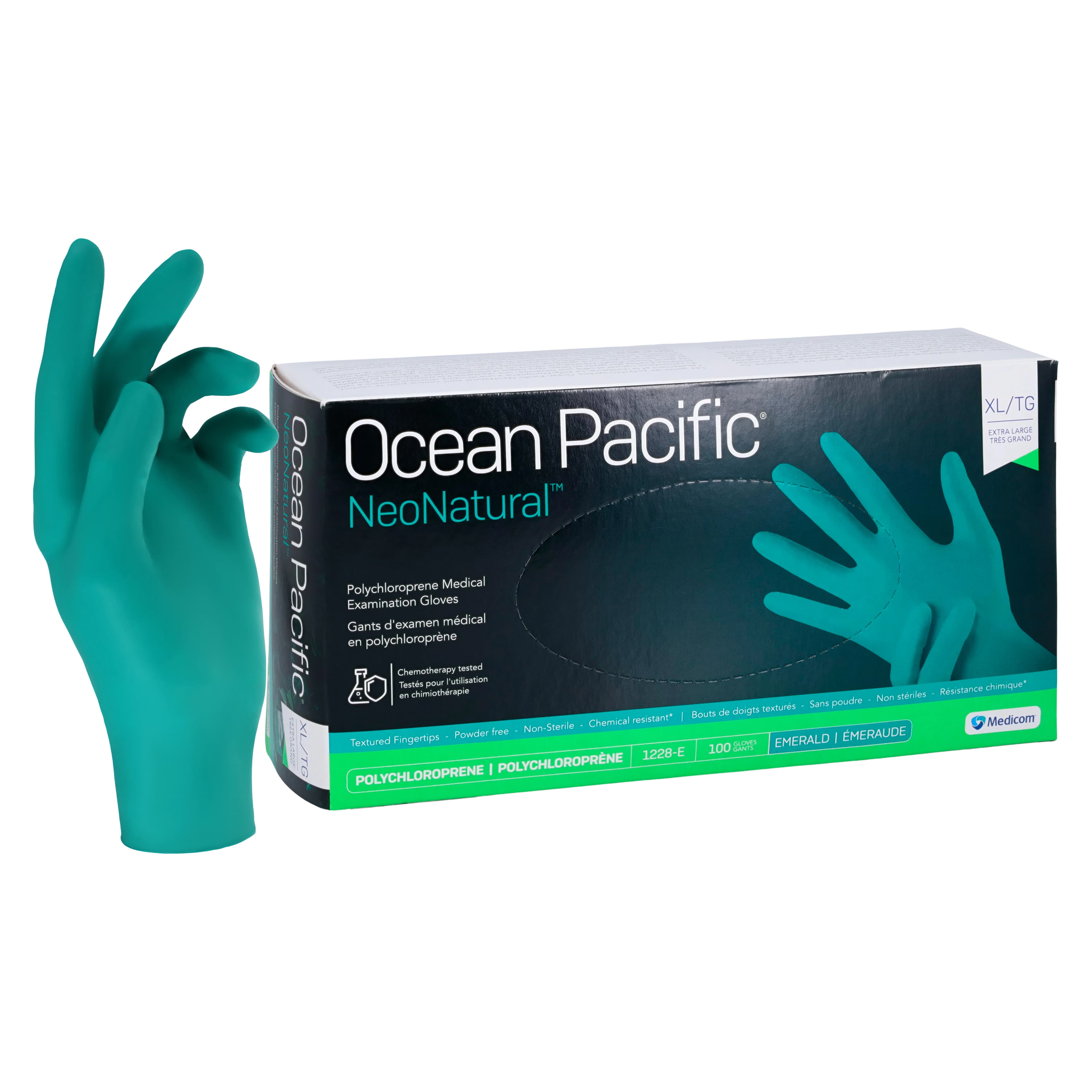 Ocean Pacific® NeoNatural™ Polychloroprene Exam Gloves, Powder Free, Latex Free, Non-Sterile, Chemo Rated, Emerald Green, X-Large, 100/Box, 1228-E - Ocean Pacific® NeoNatural™ Polychloroprene Exam Gloves XL Emerald Box of 100 - Image 1