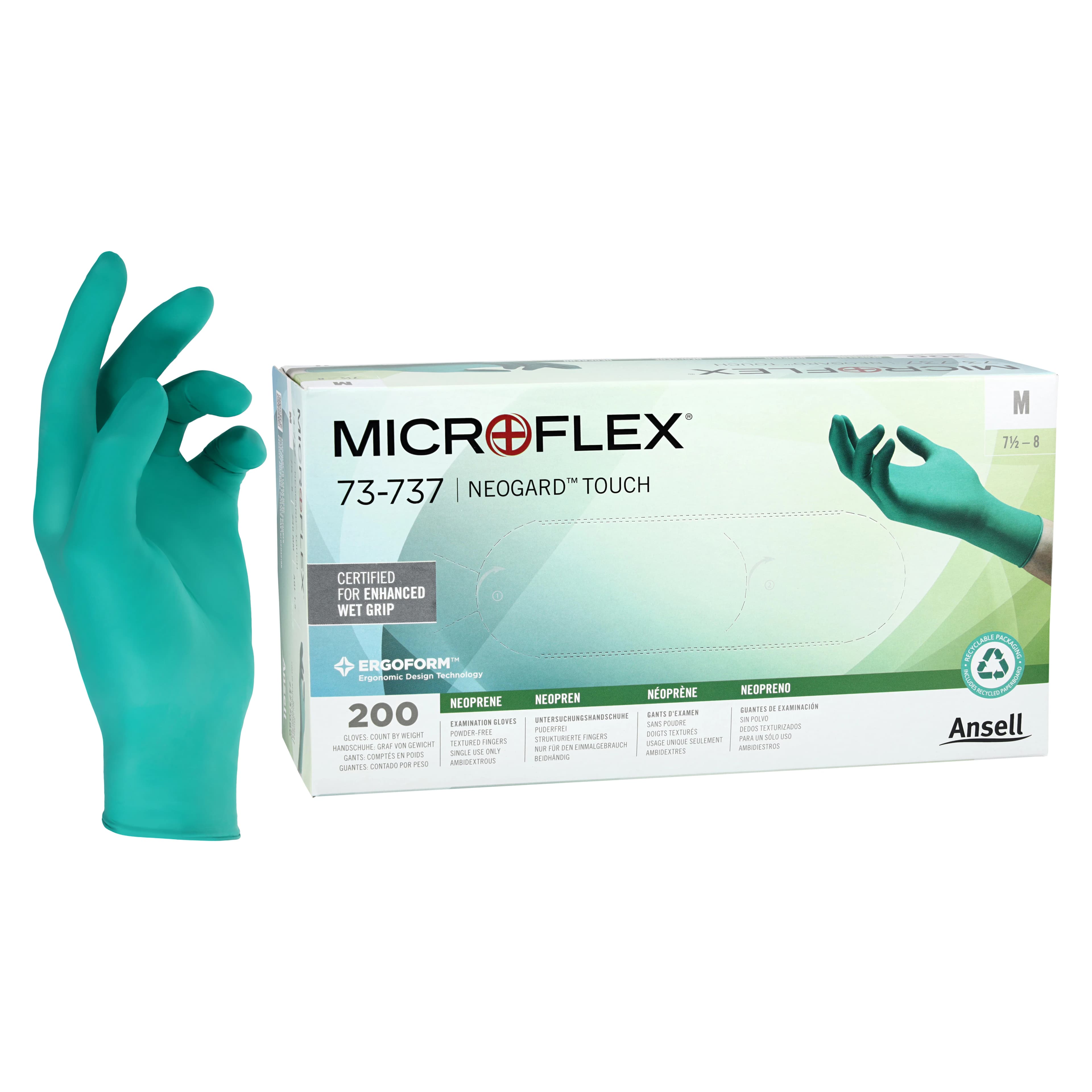 Microflex Neogard Touch 73-737 Neoprene Exam Gloves, Powder Free, Latex Free, Green, Medium, 200/Box, 73737080 - Neogard TOUCH Neoprene Gloves 200/Pk Medium - Image 1