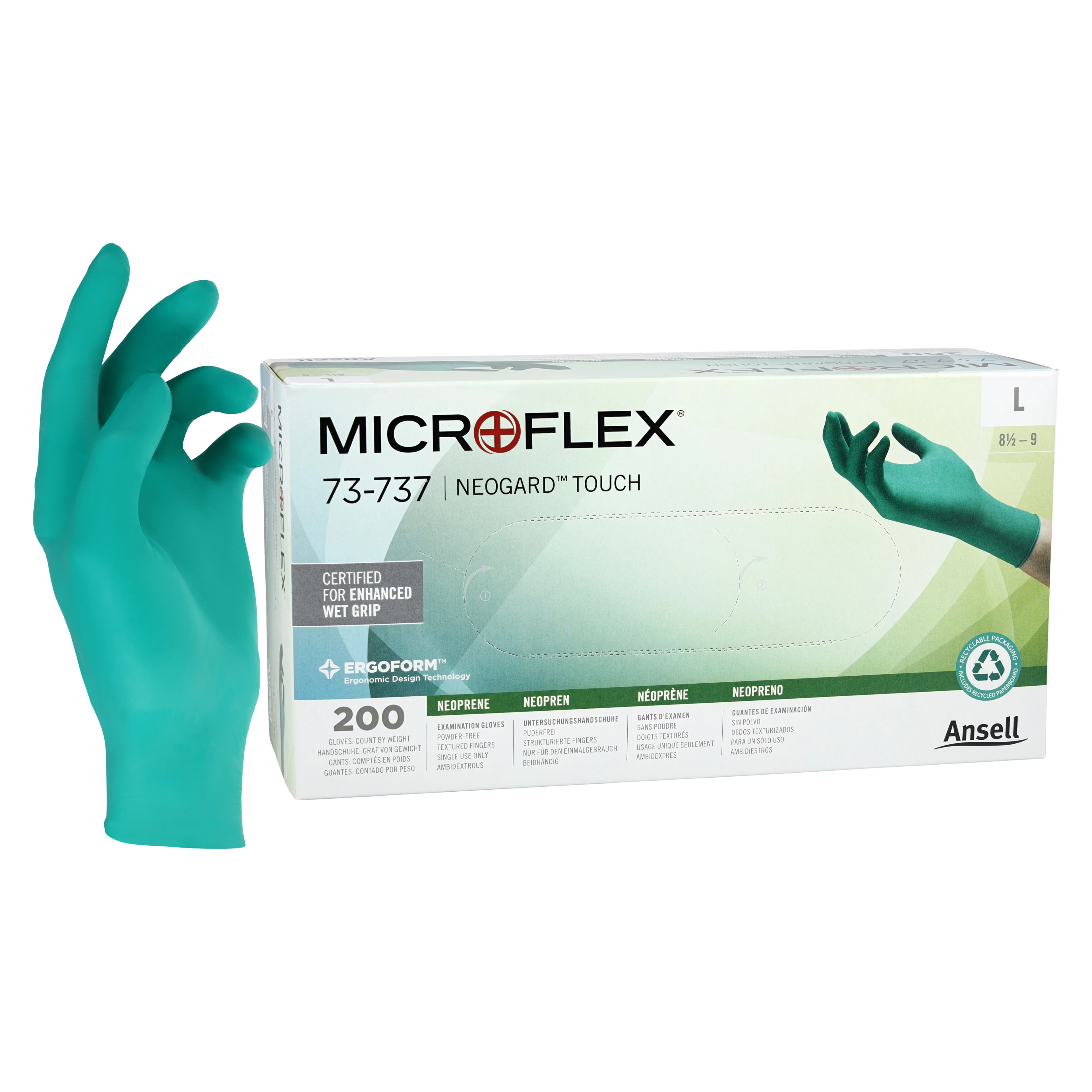 Microflex Neogard Touch 73-737 Neoprene Exam Gloves, Powder-Free, Latex-Free, Green, Large, 200/Box, 73737090 - Neogard TOUCH Neoprene Gloves 200/Pk Large - Image 1