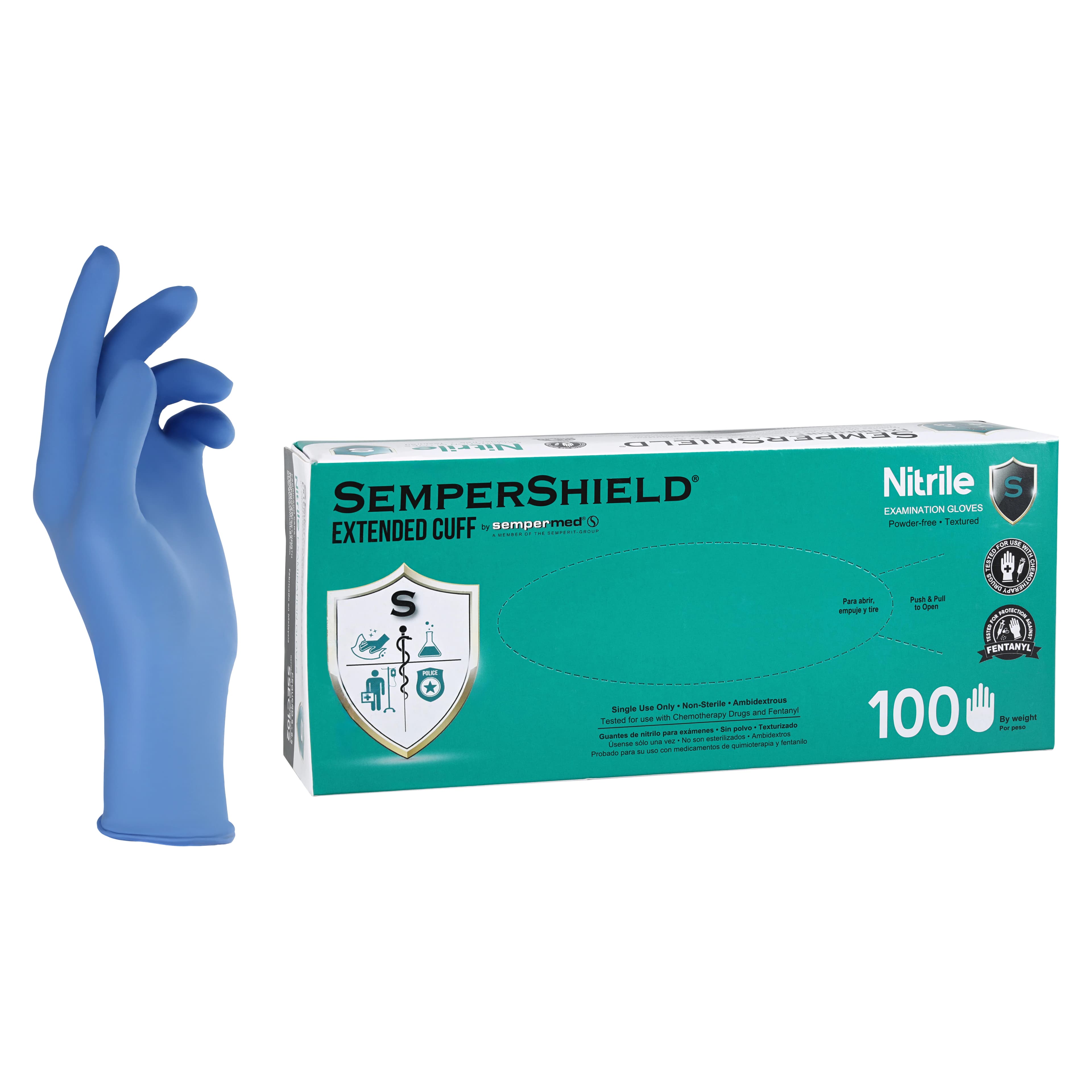 SemperShield EC Nitrile Exam Gloves, Powder Free, Textured, Small, Blue, 100/Box thumbnail 2