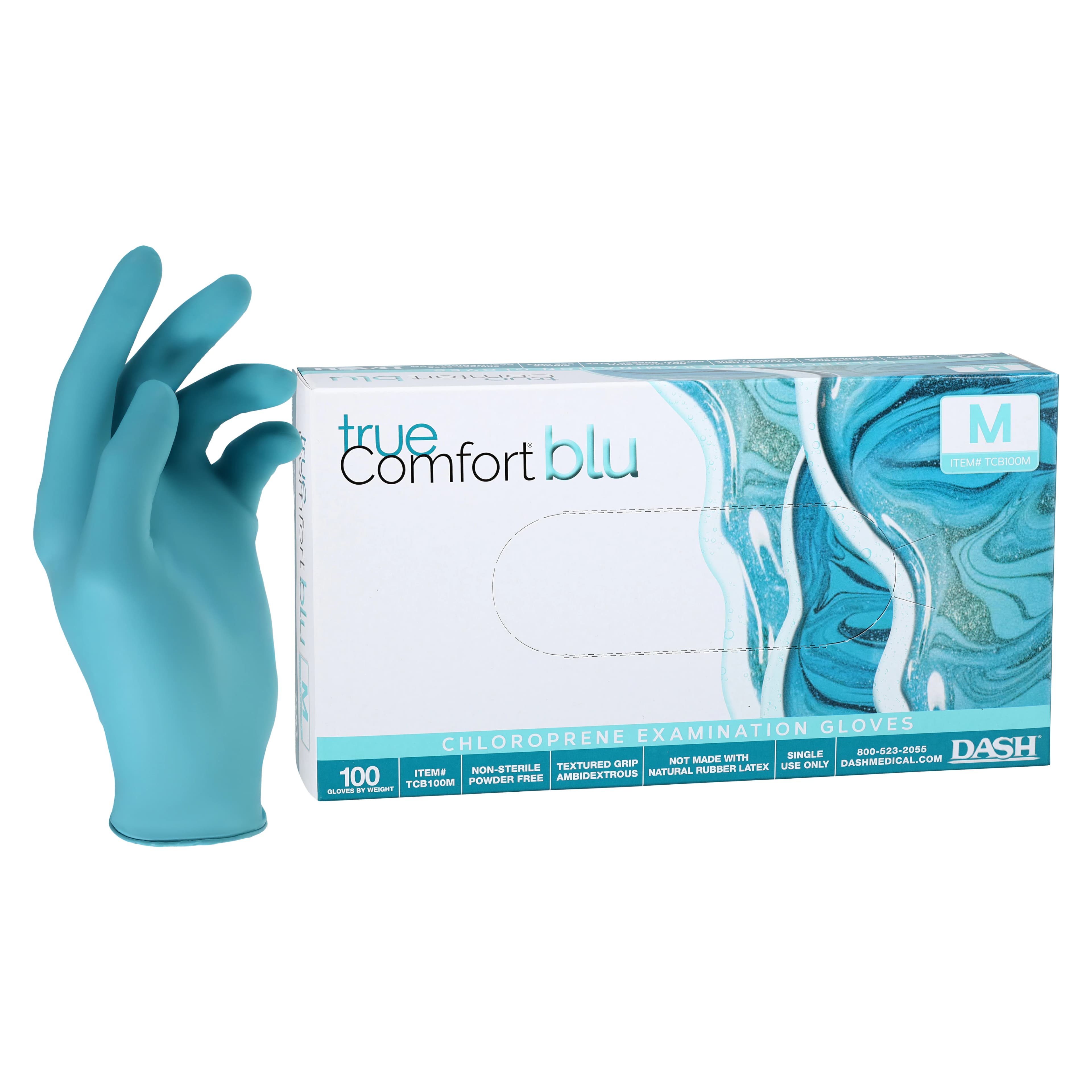 True Comfort Blu Polychloroprene Exam Gloves, Powder-Free, Latex-Free, Non-Sterile, Ocean Blue, Medium, 100/Box, TCB100M - Dash - Tru Comfort Blu Polycholorprene Gloves 100/Pk Medium - Image 1