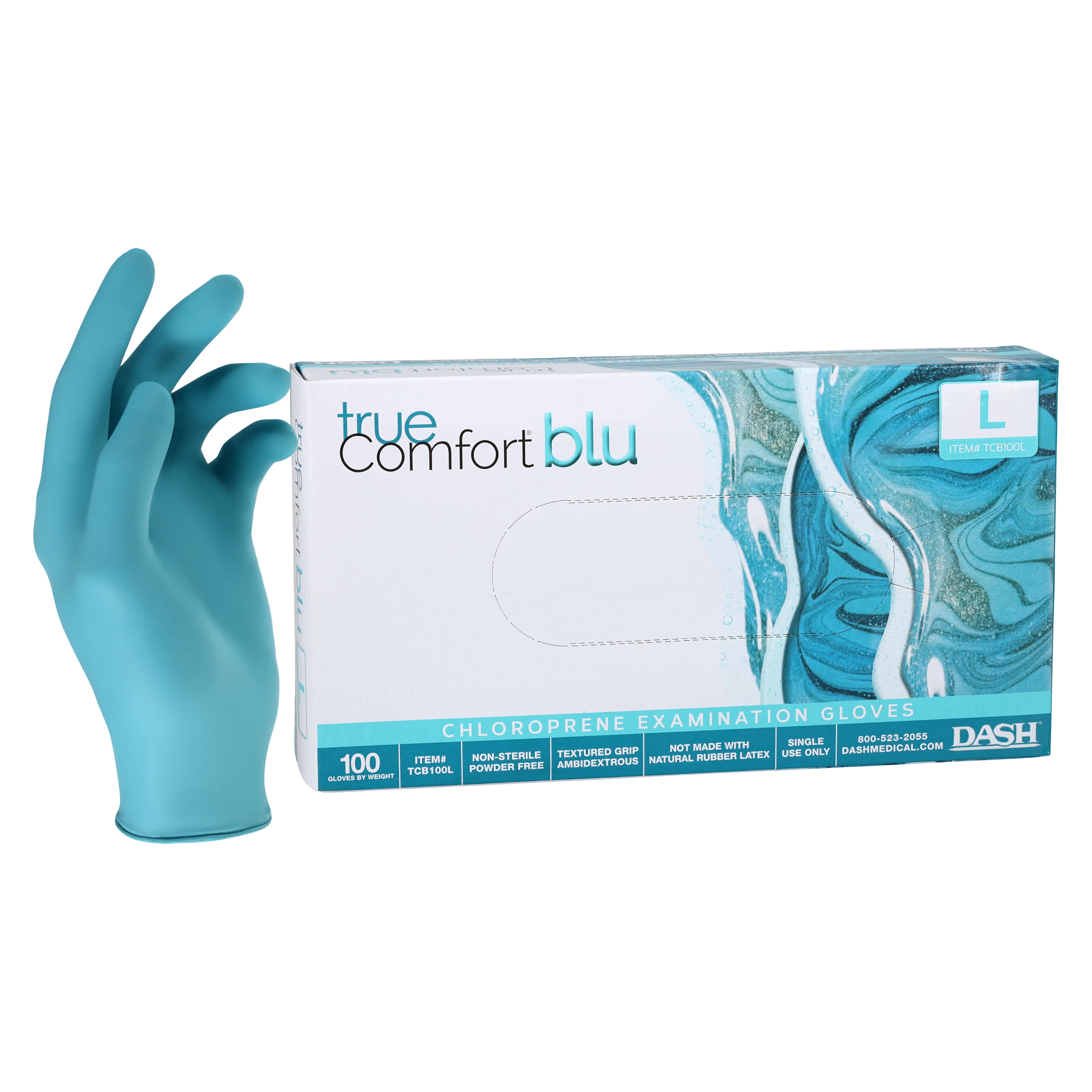True Comfort Blu Chloroprene Exam Gloves, Powder-Free, Latex-Free, Non-Sterile, Ocean Blue, Large, 100/Box, TCB100L - True Comfort Blu Chloroprene Gloves 100/Pk Large - Image 1