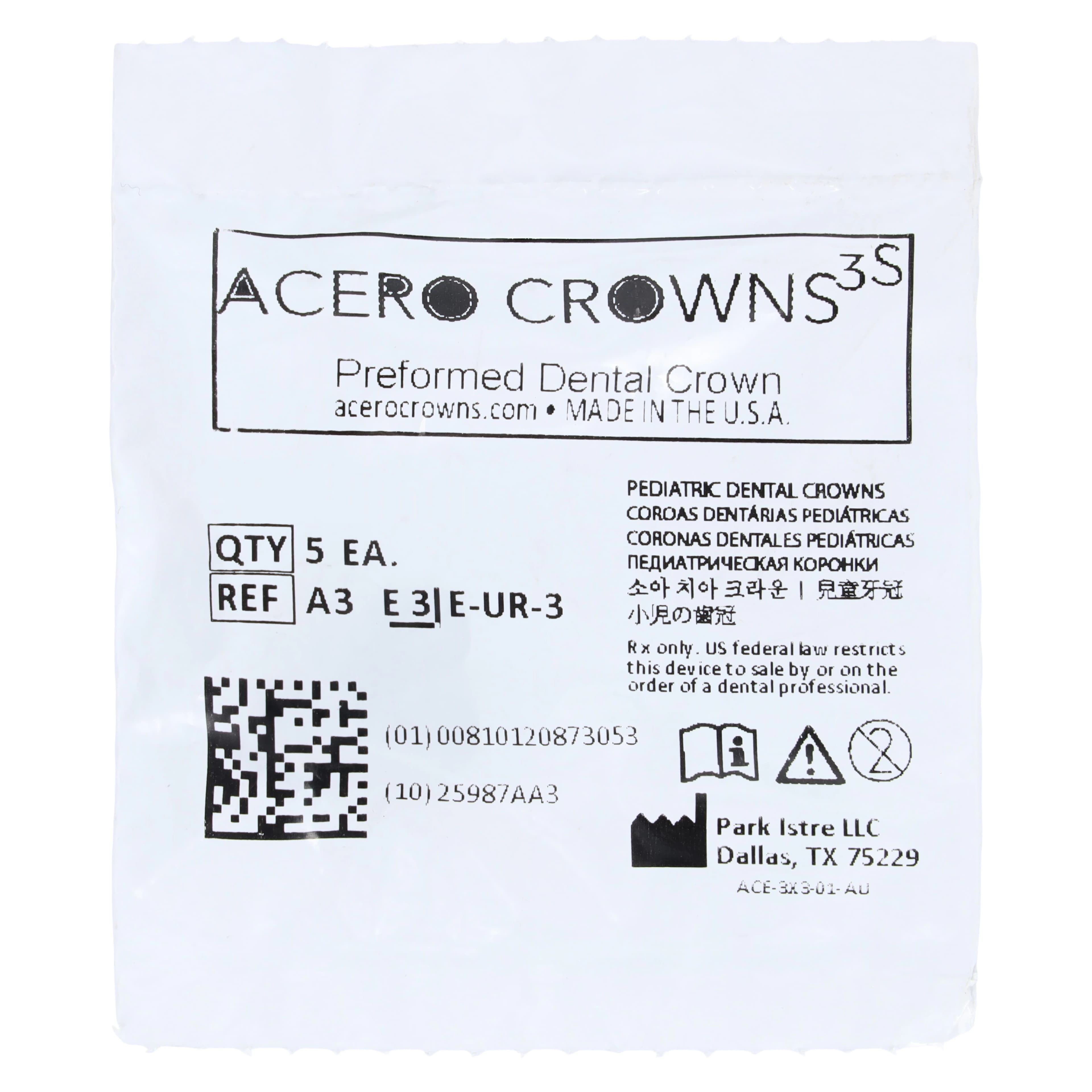 Acero 3S Stainless Steel Primary Second Molar Crown, Upper Right, Size 3, 5/Pack (3S A3) - Acero 3S Upper Right Second Molar "A" Refill 5/Pack - Image 1