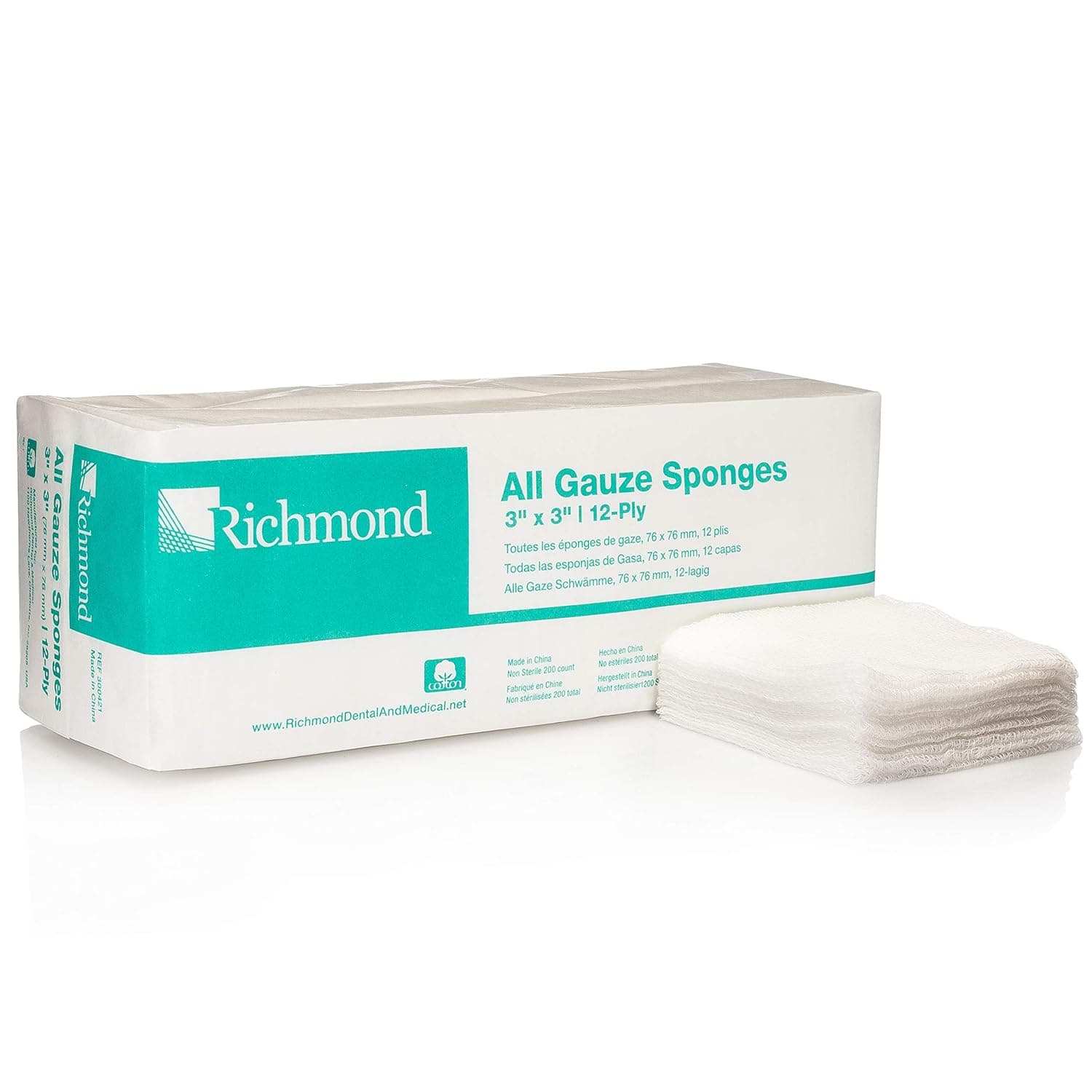 Richmond All Gauze Sponges, 3" x 3", 12-Ply, Non-Sterile, 200/Sleeve, 20 Sleeves/Case, 300421 - RICHMOND ALL GAUZE SPONGES, 300421 - Image 1