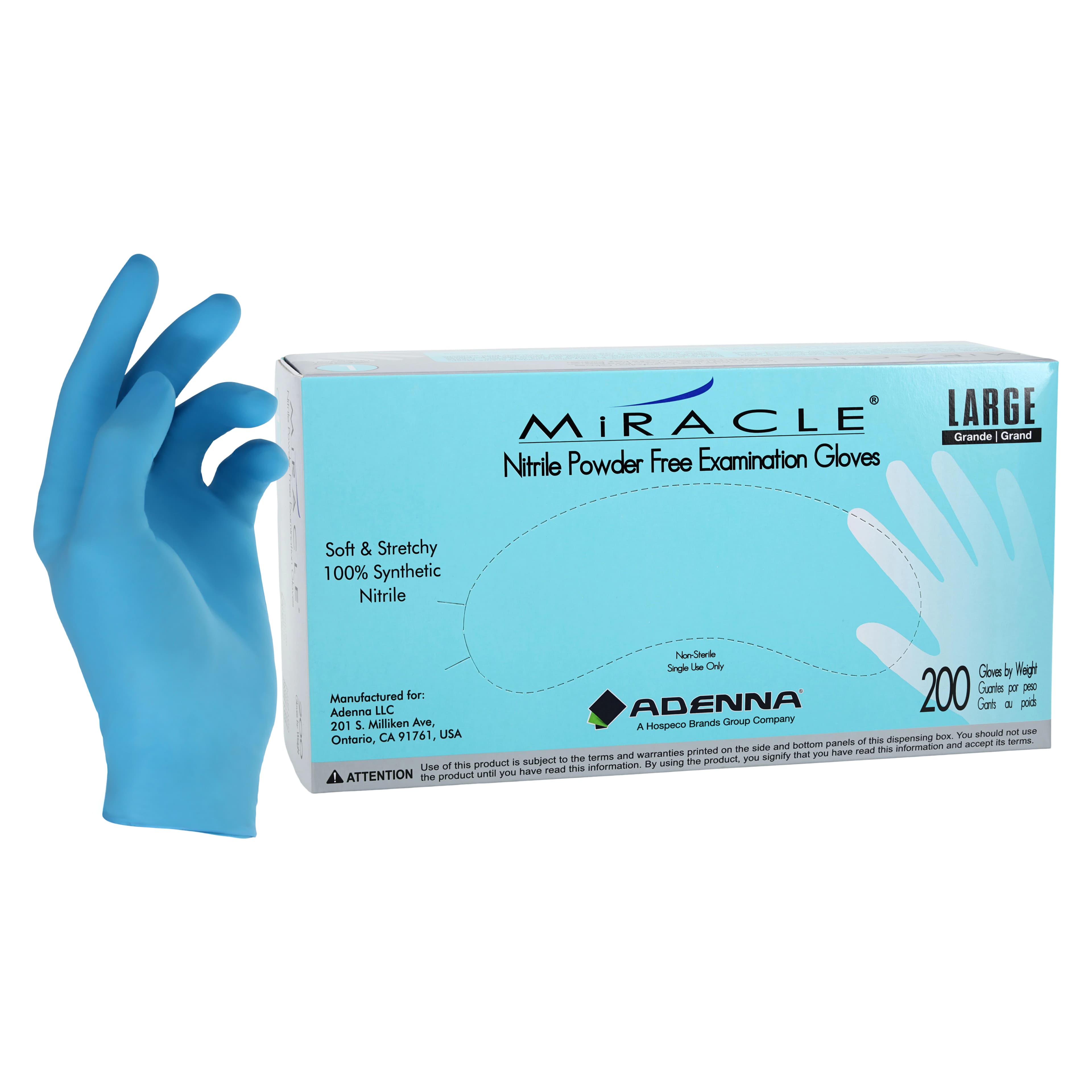 Adenna MIRACLE® Nitrile Exam Gloves, Powder-Free, Latex-Free, Fingertip Textured, Large, Blue, 200/Box, MIR166 - MIRACLE® Nitrile Exam Gloves Large Blue Box of 200 - Image 1