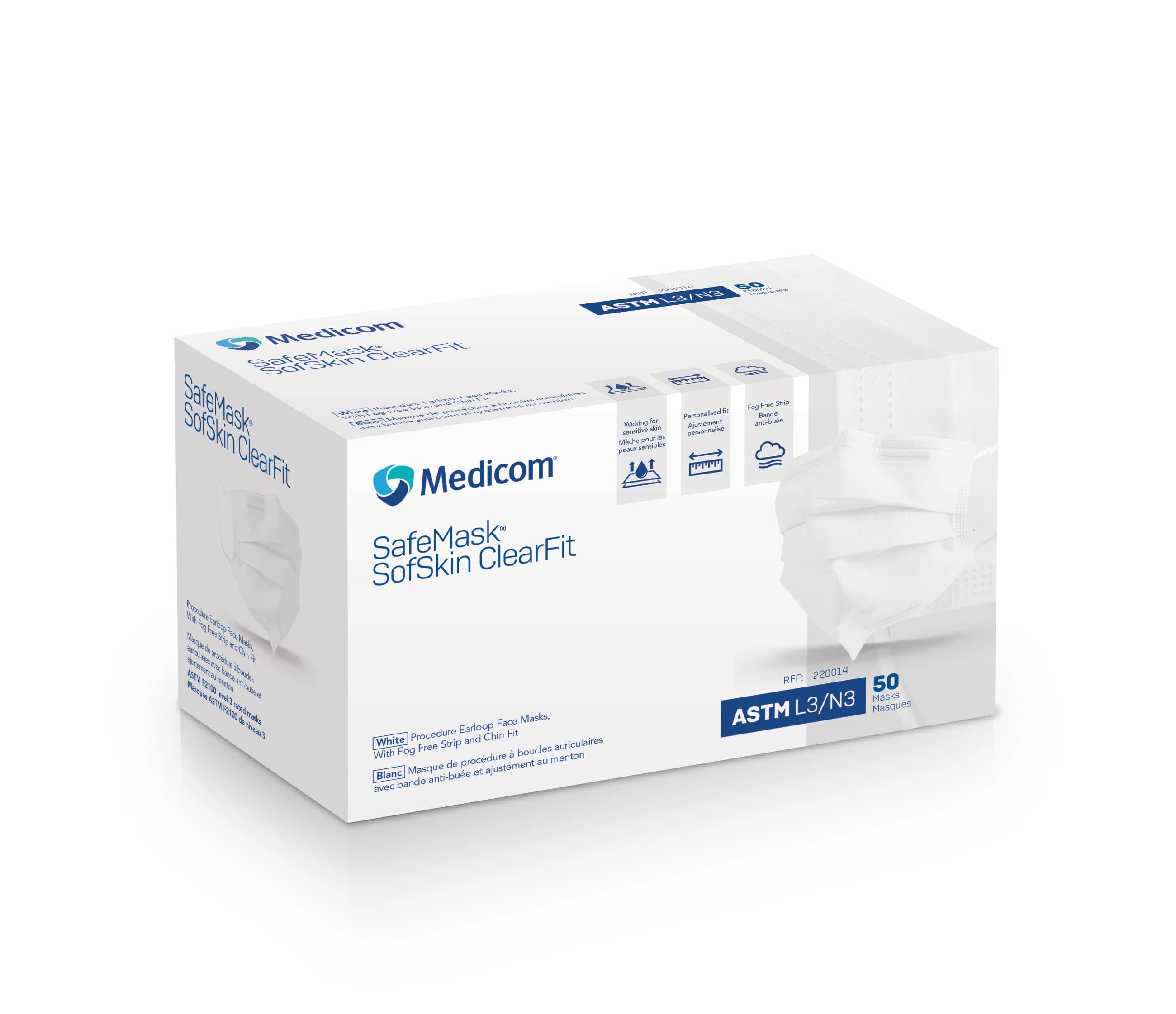 SafeMask SofSkin ClearFit Procedure Earloop Face Mask, ASTM Level 3, White, Fog-Free Strip & Chin Fit, 50/Box, 220014 - SafeMask® SofSkin ClearFit Procedure Face Mask ASTM Level 3 White Box of 50 - Image 1