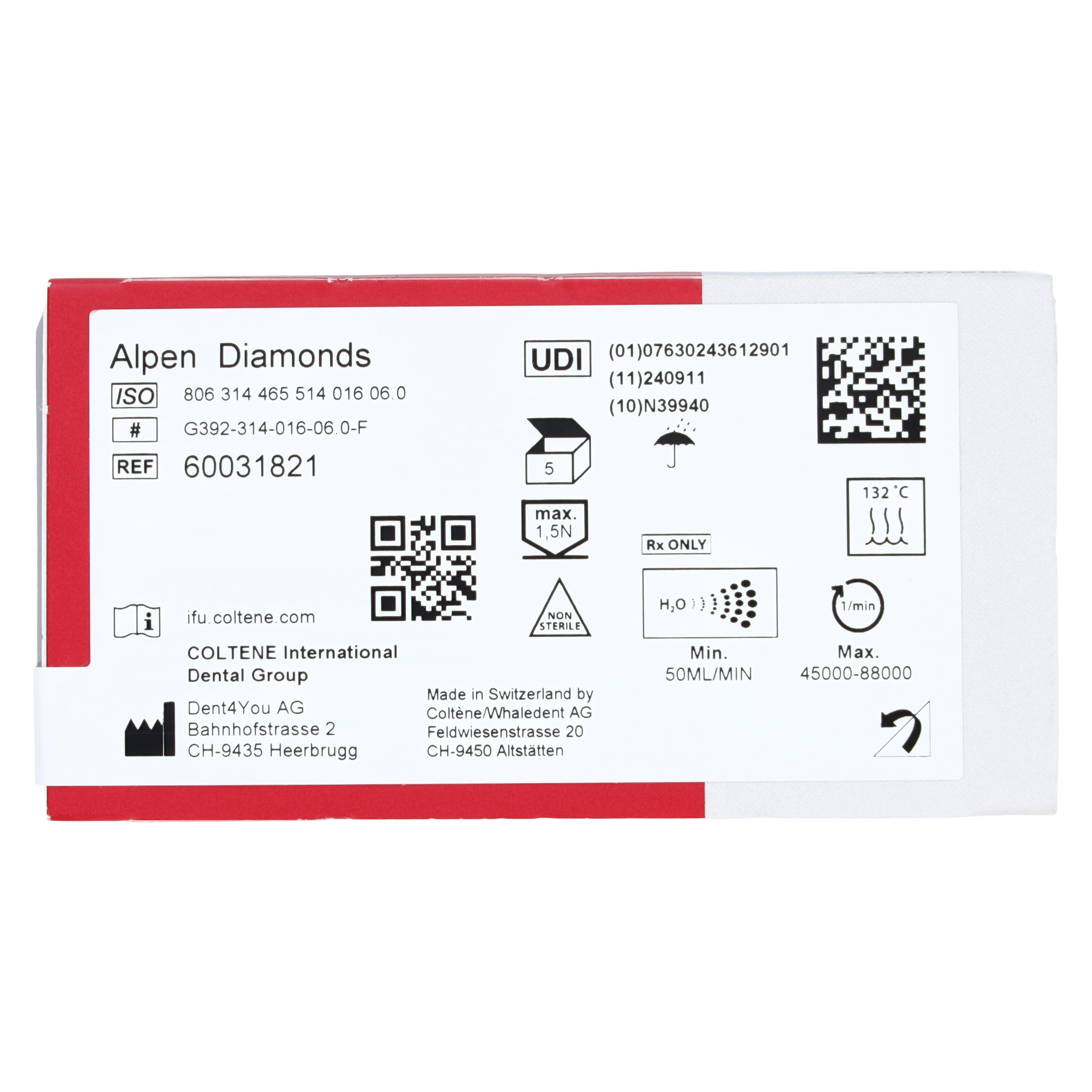 Alpen Multilayer Diamond Bur, FG, Interproximal, Fine, Red, #392-016F, 1.6 mm Head, 5/Pk, 60031821 thumbnail 6