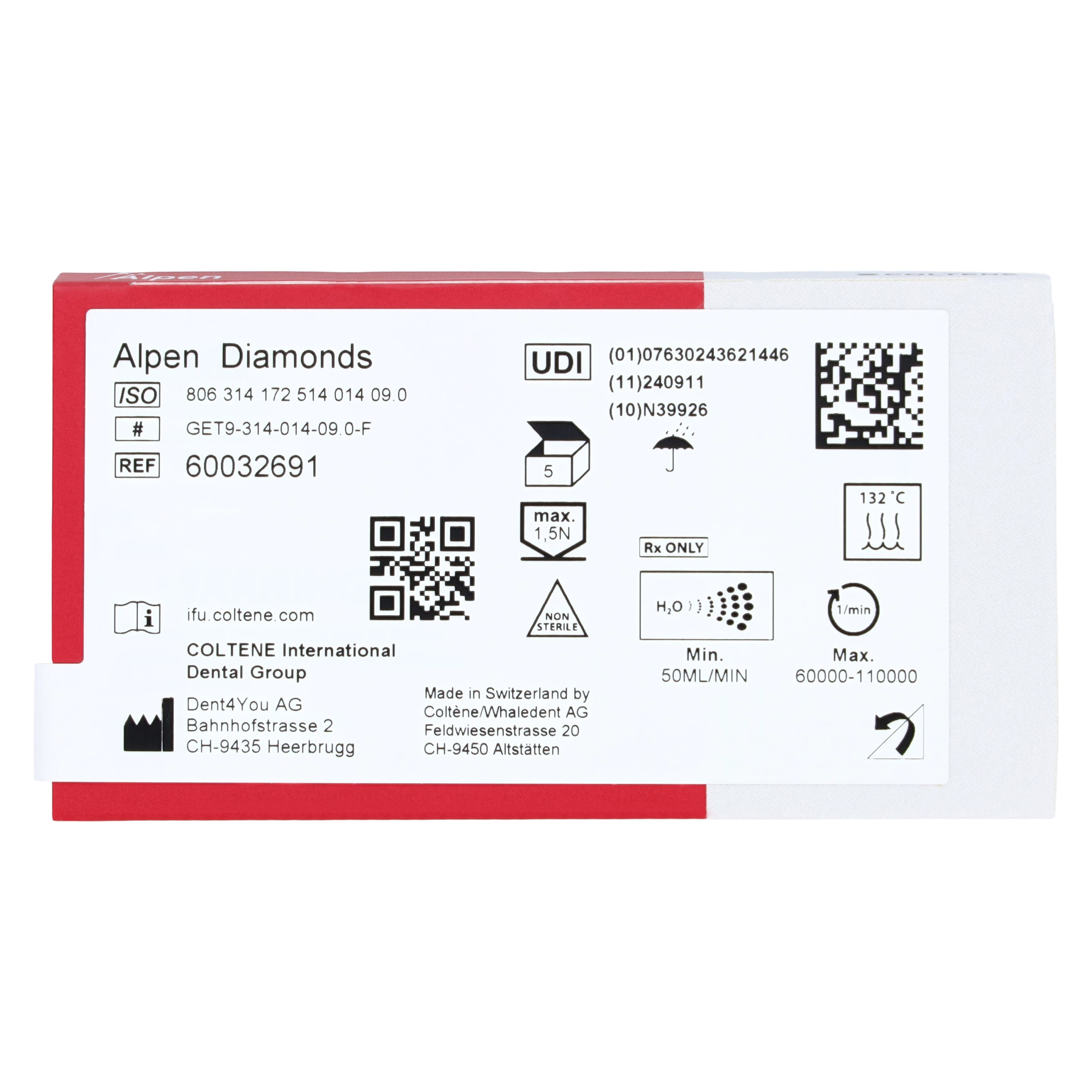 Alpen Esthetic Finishing Multi-Use Diamond Bur, FG, Fine Grit, Red, #135-014 / ET9, 1.4 mm Head, 5/Pk, 60032691 thumbnail 6
