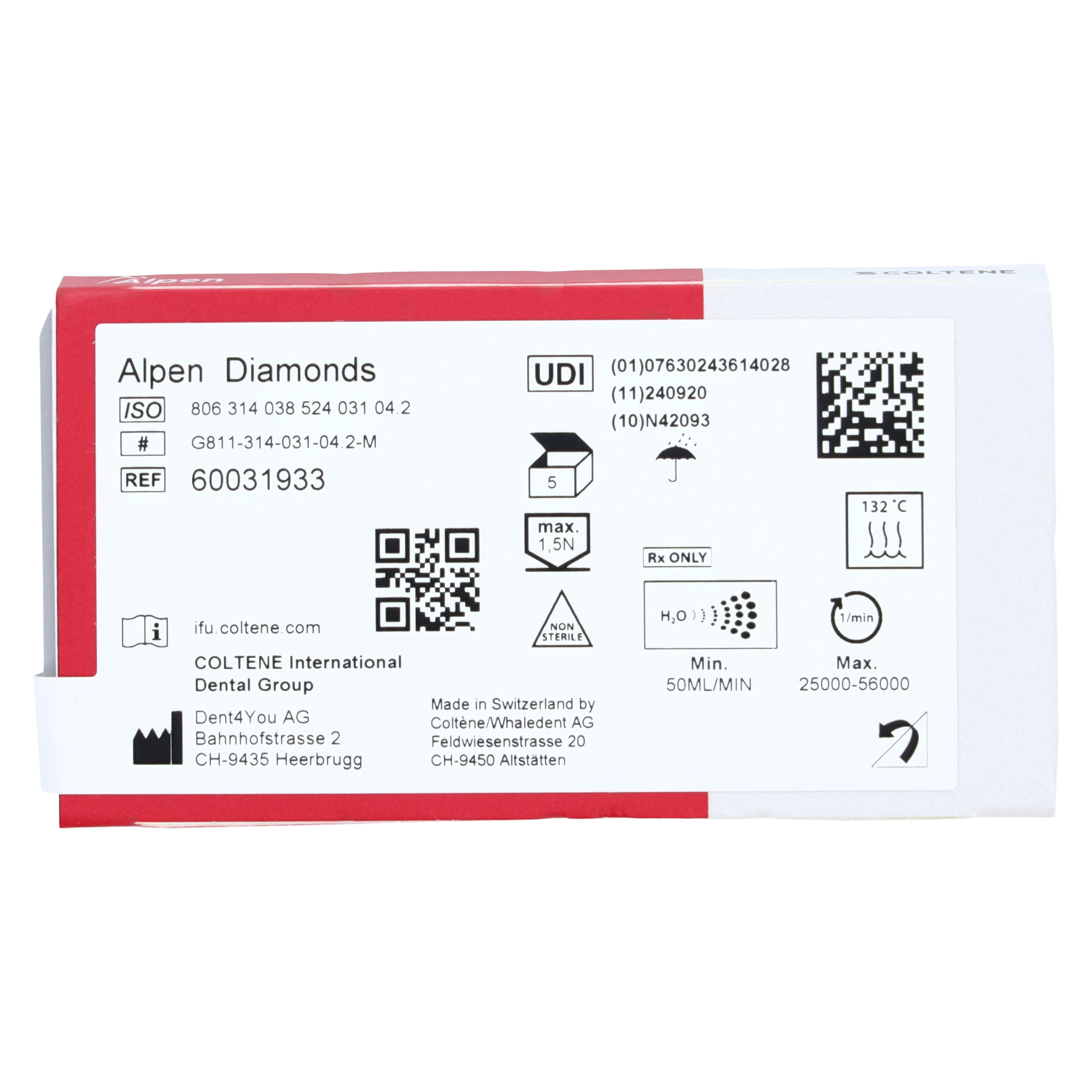 Coltene Alpen Multi-Use Multilayer Diamond Bur, FG, Medium, Occlusal Reduction/Barrel, #811-031, 3.1 mm Head Diameter, 4.2 mm Head Length, 5/Pkg thumbnail 6