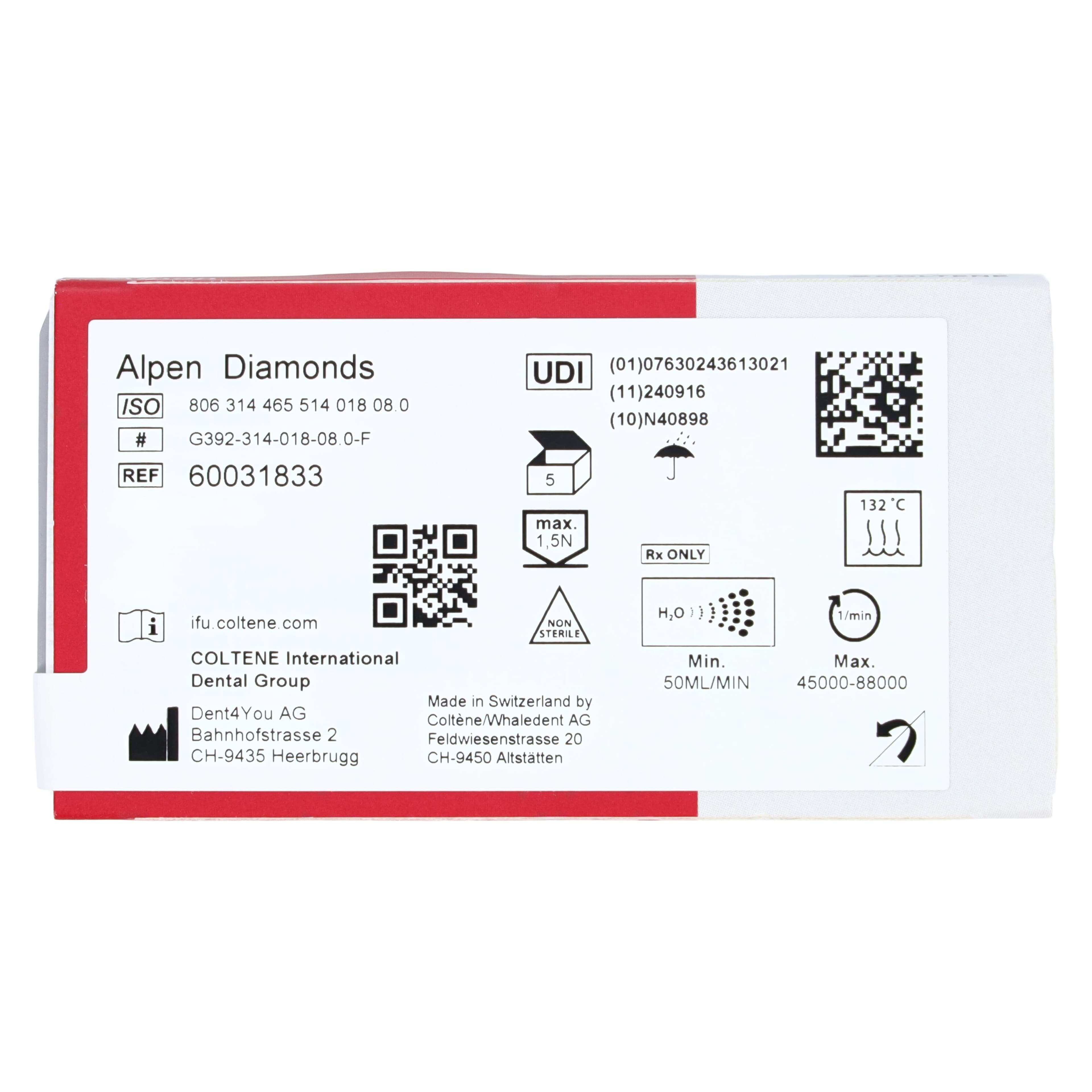 Alpen Multi-Use Diamond Bur, FG, Interproximal, Fine, Red, #392-018, 1.8 mm Head, 5/Pk, R392F018FG thumbnail 6