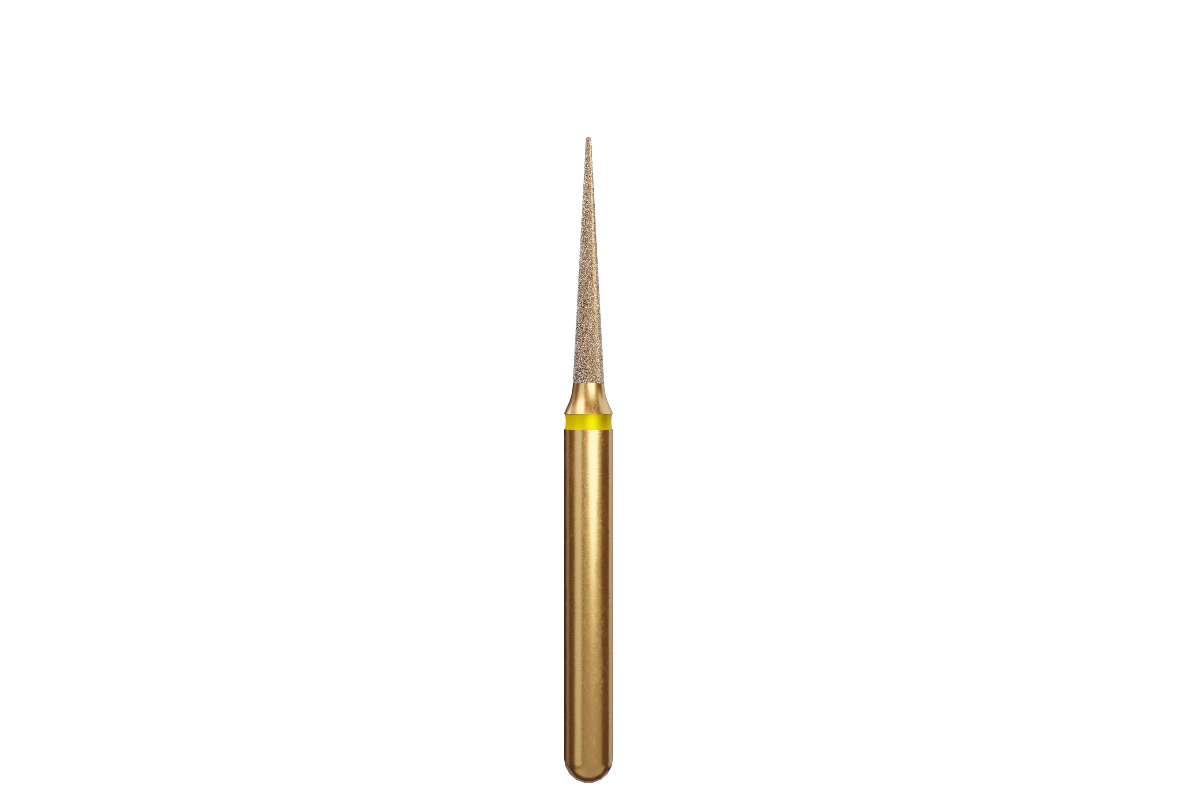 Coltene Alpen Multi-Use Multilayer Diamond Bur, FG, Extra Fine, Flame/Needle Shape, #858-012, 1.2 mm Head Diameter, 8 mm Head Length, Yellow Ring, 5/Pkg - Alpen&reg; Diamonds - Extra Fine - #858-012 (8.0) - Image 1