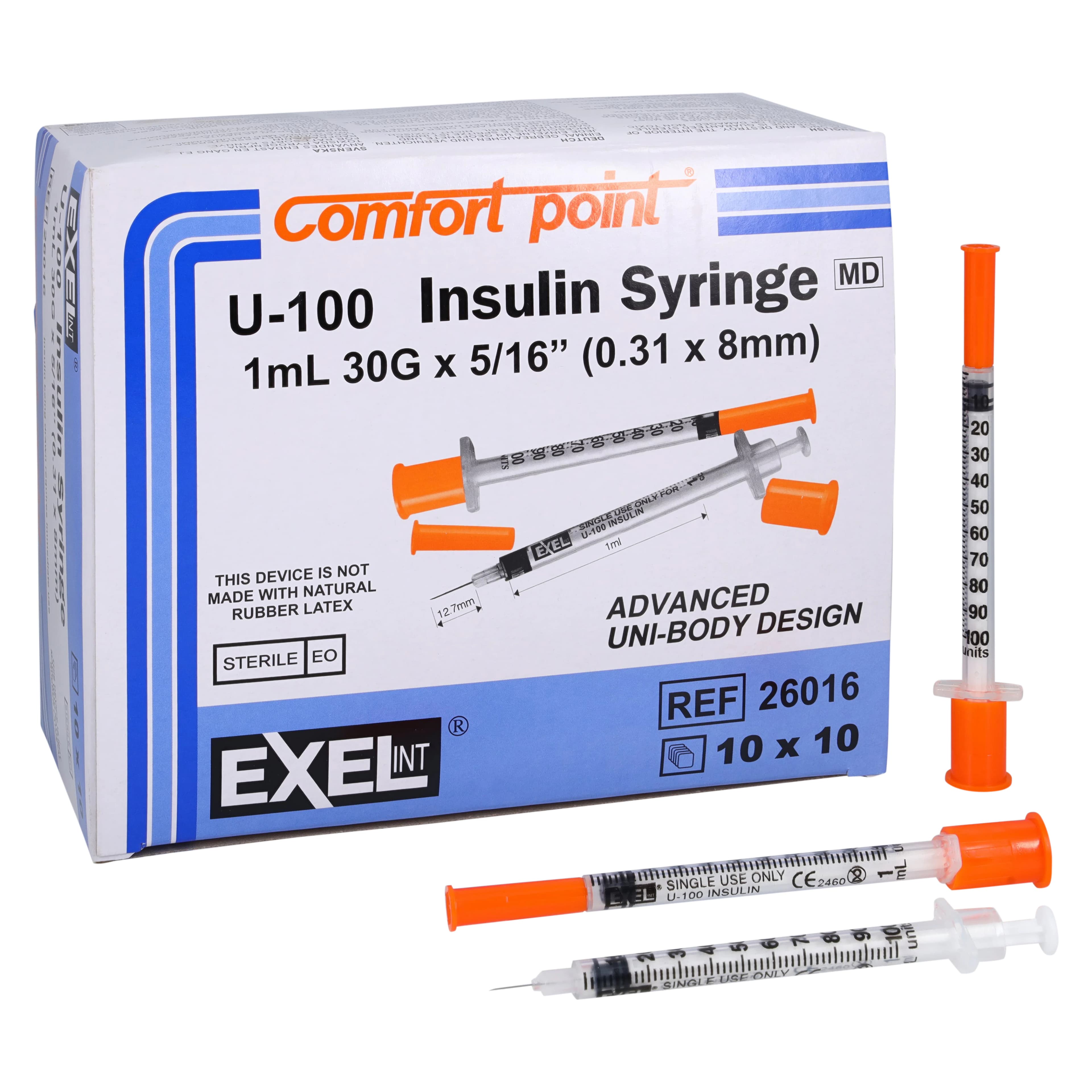 Exel Insulin Syringe with Needle, 30G x 5/16", 1 mL, Non-Safety, Sterile, 100/Box - Syringe Insulin w/NDL 1ML - Image 1
