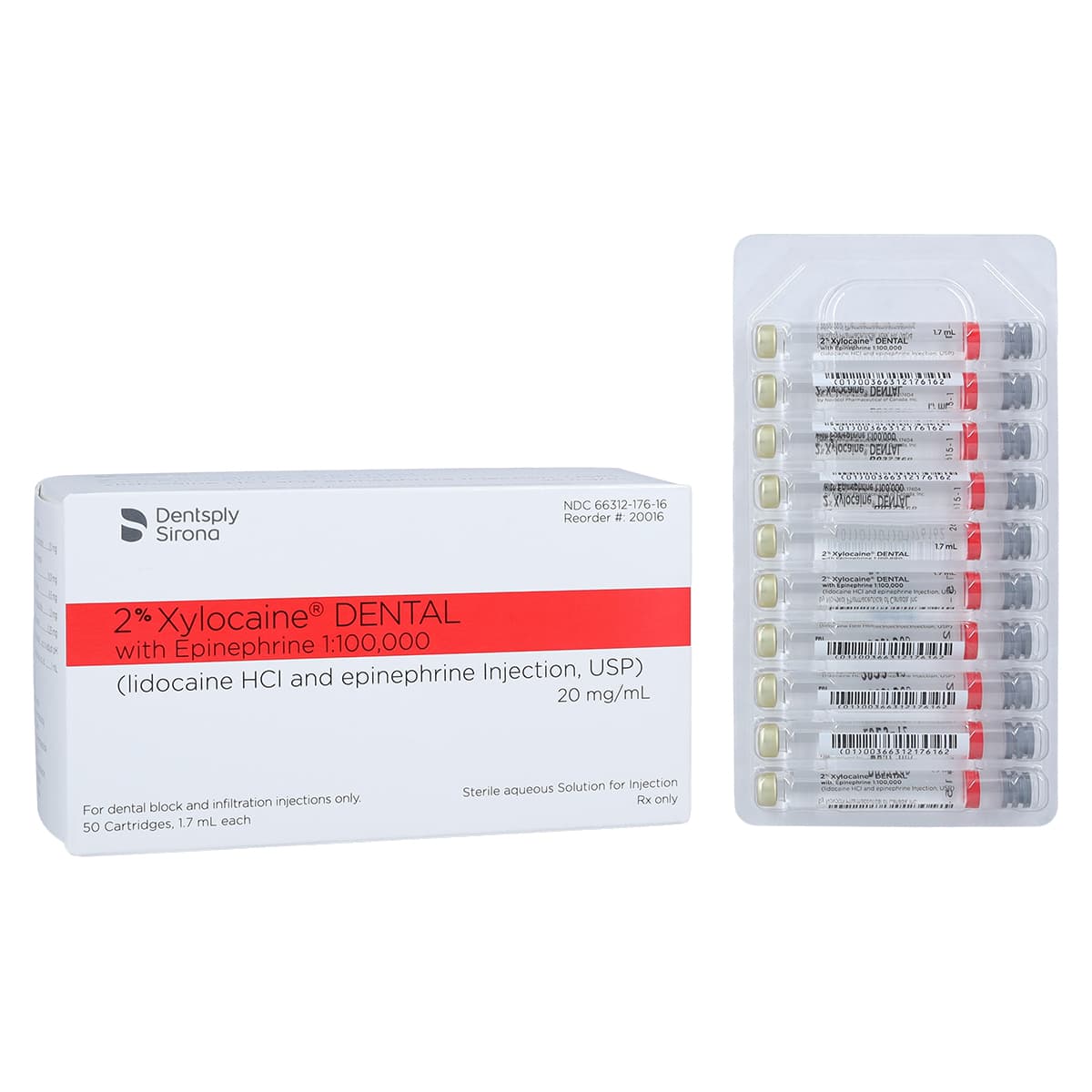 Xylocaine 2% Lidocaine HCl with Epinephrine 1:100,000, Red, 1.7 mL Cartridges, 50/Box, 20016 thumbnail 2