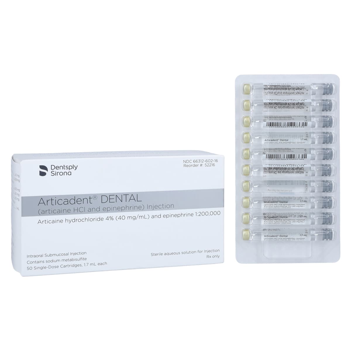 Articadent DENTAL 4% Articaine HCl with Epinephrine 1:200,000 Injection Cartridges, 1.7 mL, 50/Box, 52216 thumbnail 2
