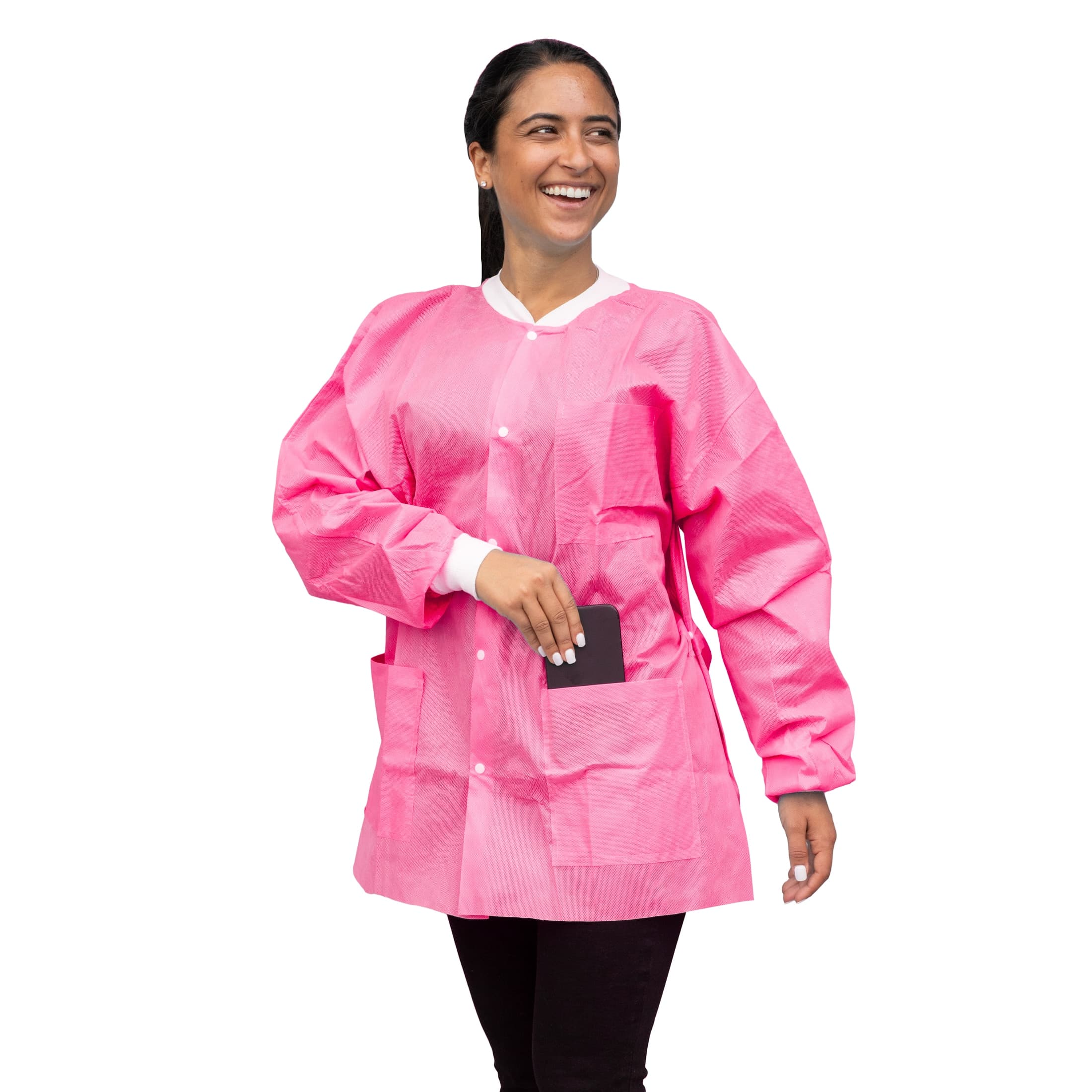 Dukal FitMe Disposable Lab Jacket, Raspberry Pink, Medium, 10/Pack, UGJ-6509-M thumbnail 5