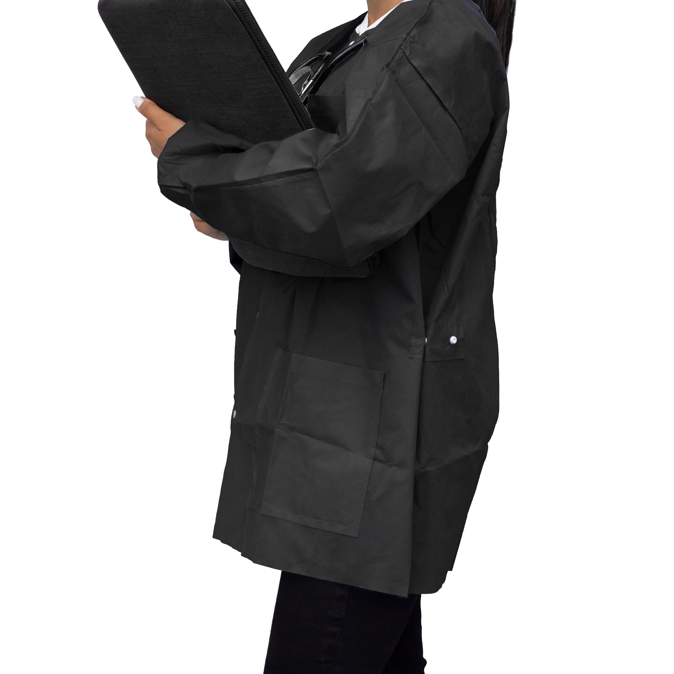 FitMe Disposable Lab Jacket, XX-Large, Black, Knit Cuff & Collar, Snap Front, 10/Bag, UGJ-6500-XXL thumbnail 5