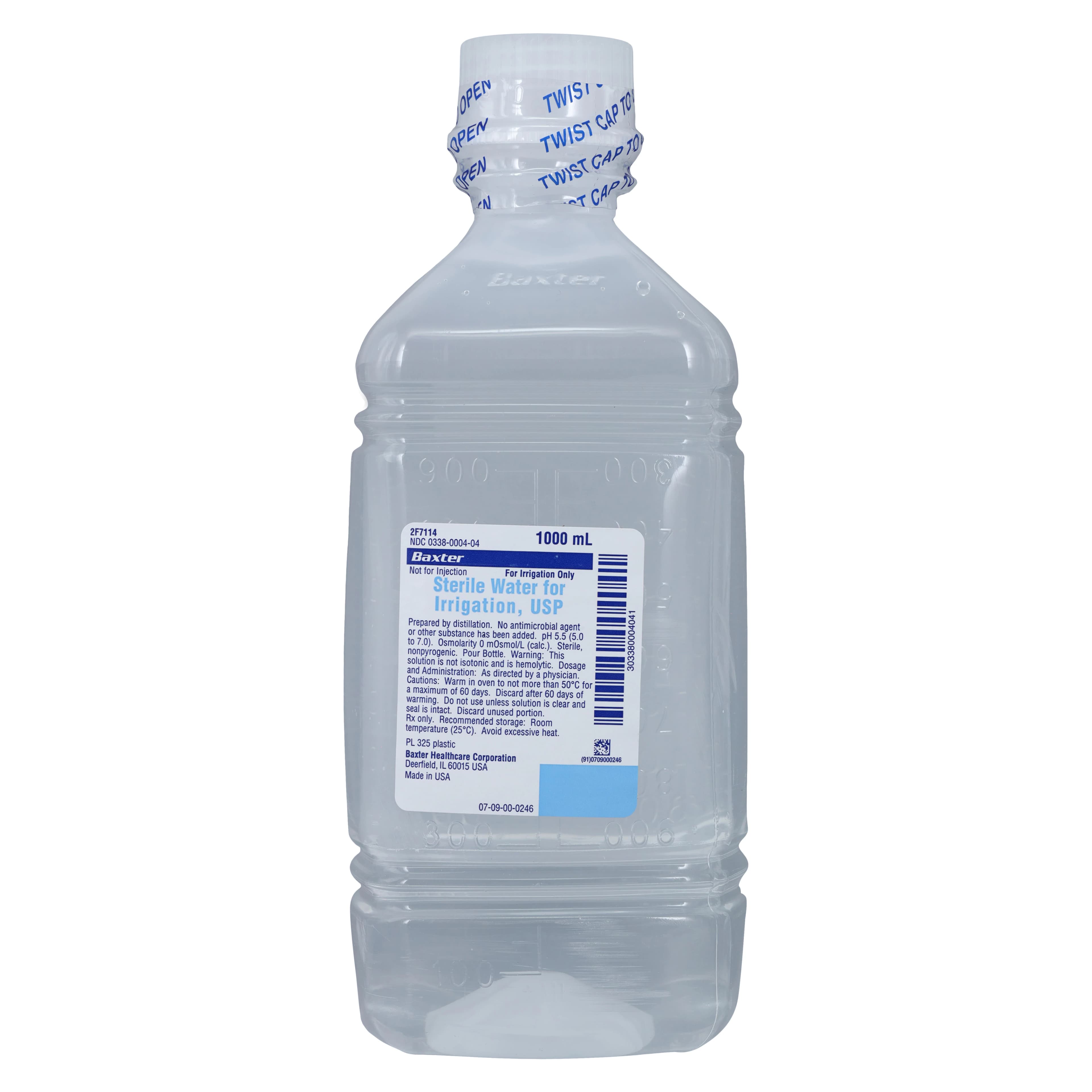 Sterile Water for Irrigation, USP, 1000 mL Plastic Pour Bottle, 2F7114 - Irrigation Solution Sterile Water 1000mL Plastic Pour Bottle Each - Image 1