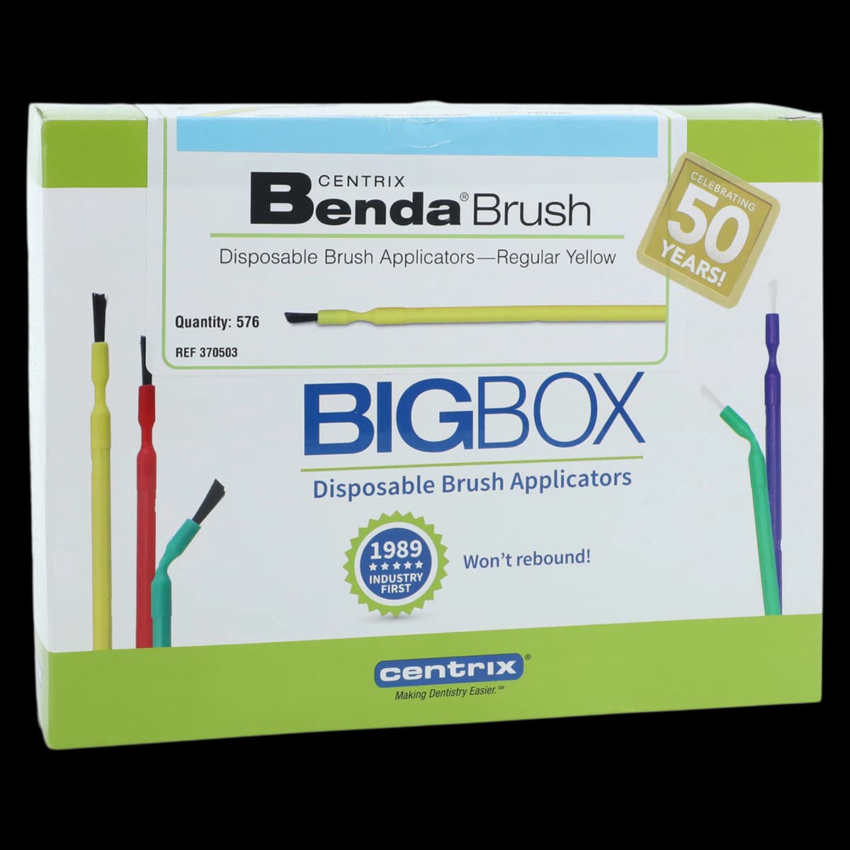 Benda Brush Big Box Disposable Applicator Brushes, Regular Point, Yellow Handle, Black Bristles, 576/Box, 370503 - Benda Brush Big Box Reg Yellow (576) - Image 1