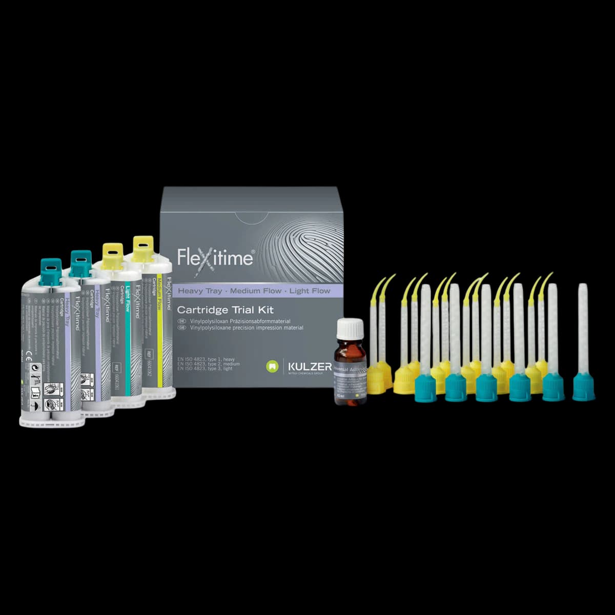 Flexitime VPS Impression Material Heavy Tray Trial Kit, Light & Medium Flow, Automix, 2x50 mL Heavy Tray + 1x50 mL Light + 1x50 mL Medium, 18 Mixing Tips, 12 Intraoral Tips, Tray Adhesive - Flexitime Heavy Tray Trial Kit - Light & Medium Flow. Includes: 2x 50 ml - Image 1