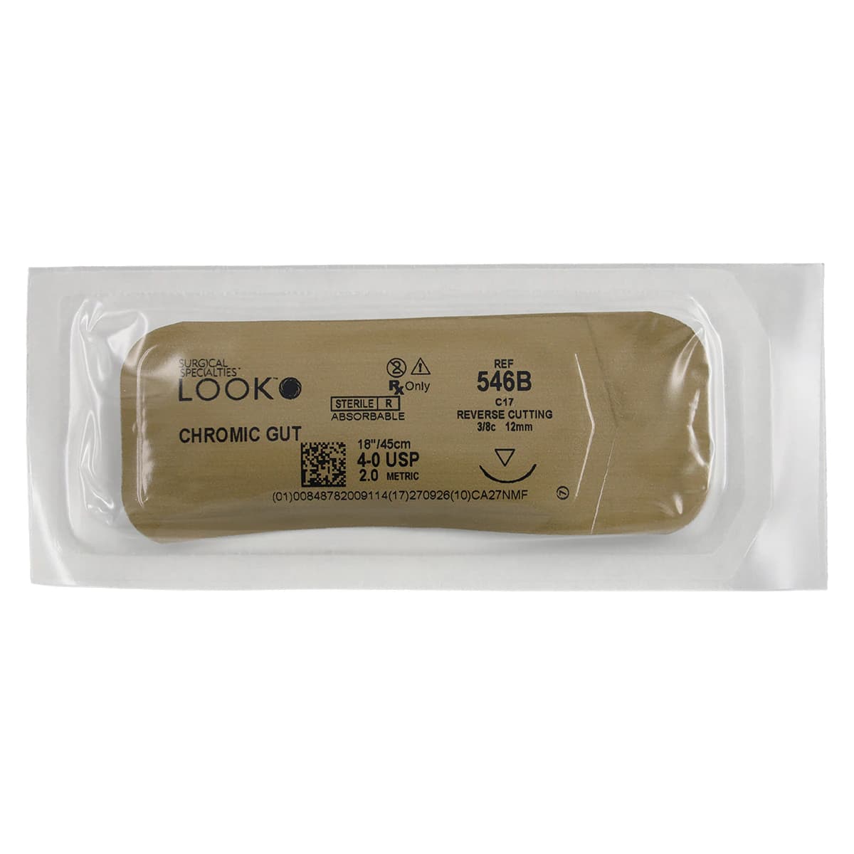Look Chromic Gut Absorbable Suture, 4-0, 18" (45 cm), C-17 Reverse Cutting Needle, 3/8 Circle, 12 mm, Undyed, 12/Box, 546B thumbnail 3