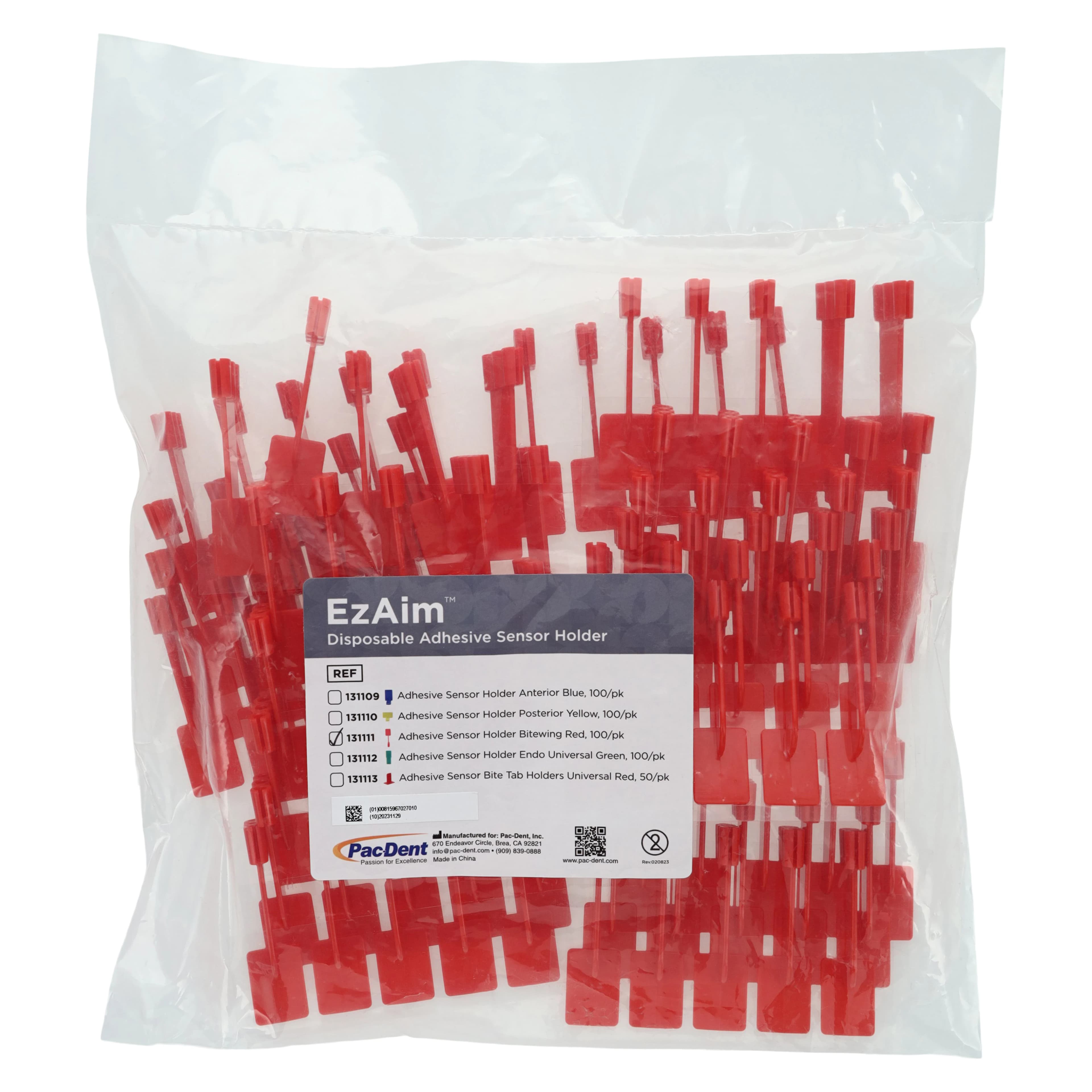 EzAim Disposable Adhesive Sensor Holder, Bitewing, Red, 100/Pk, 131111 - Red Disposable Adhesive Sensor Holder Bitewing Pack of 100 - Image 1