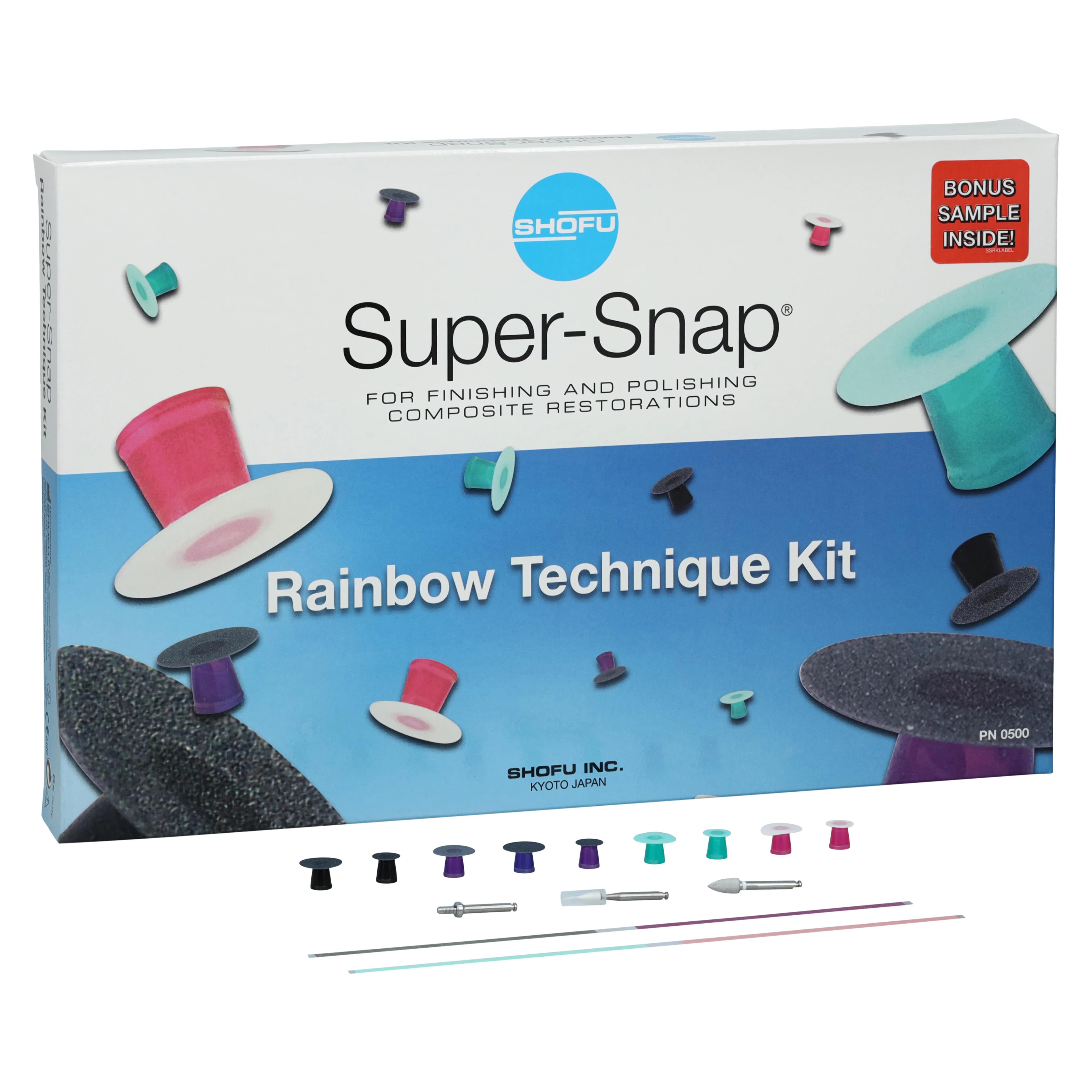 Shofu Super-Snap Rainbow Technique Kit, 180 Disks (100 Standard & 80 Mini), 40 Polystrips, 2 Dura-White Stones, 1 CompoSite Fine Midi-Point, 4 CA Mandrels, 0500 thumbnail 2