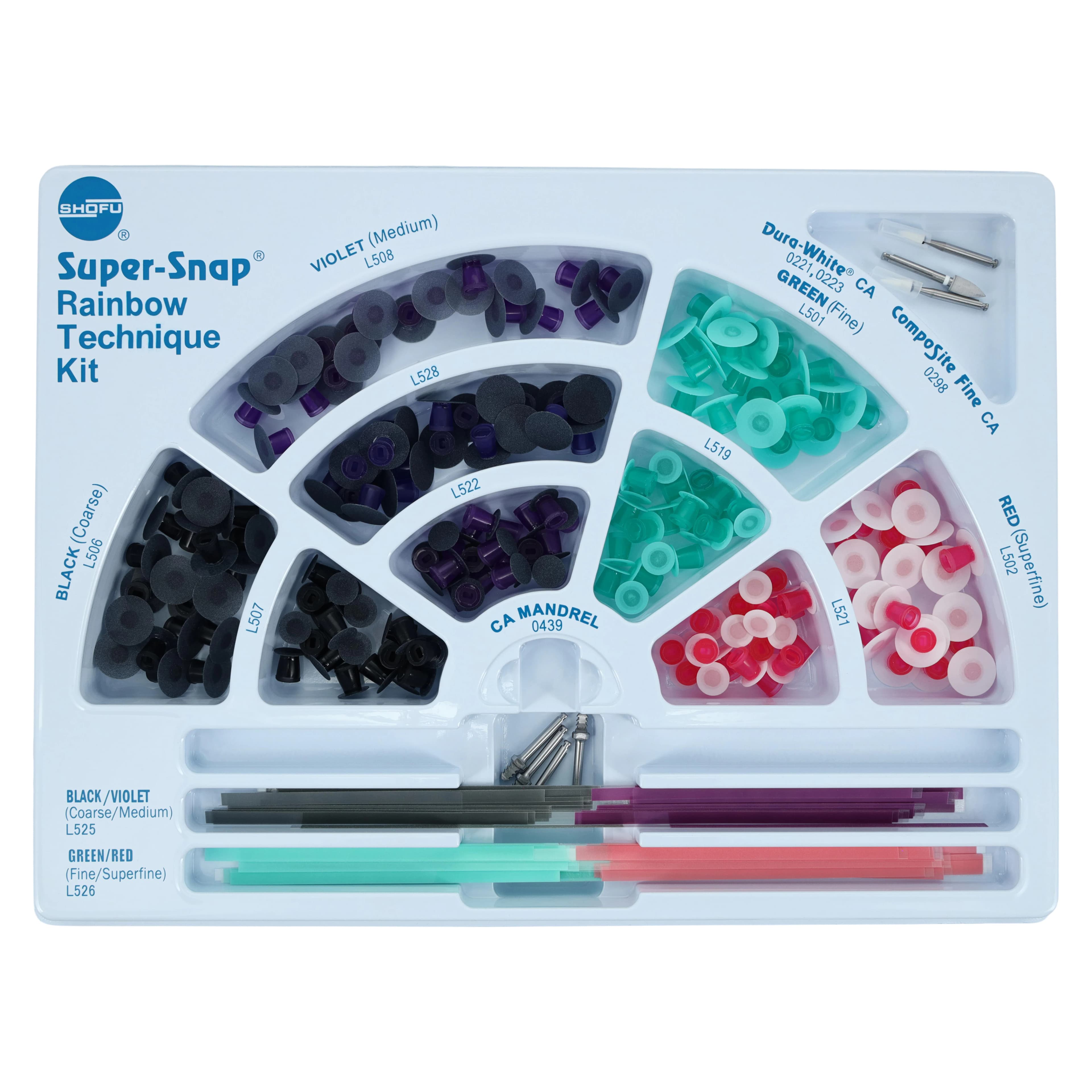 Shofu Super-Snap Rainbow Technique Kit, 180 Disks (100 Standard & 80 Mini), 40 Polystrips, 2 Dura-White Stones, 1 CompoSite Fine Midi-Point, 4 CA Mandrels, 0500 thumbnail 3