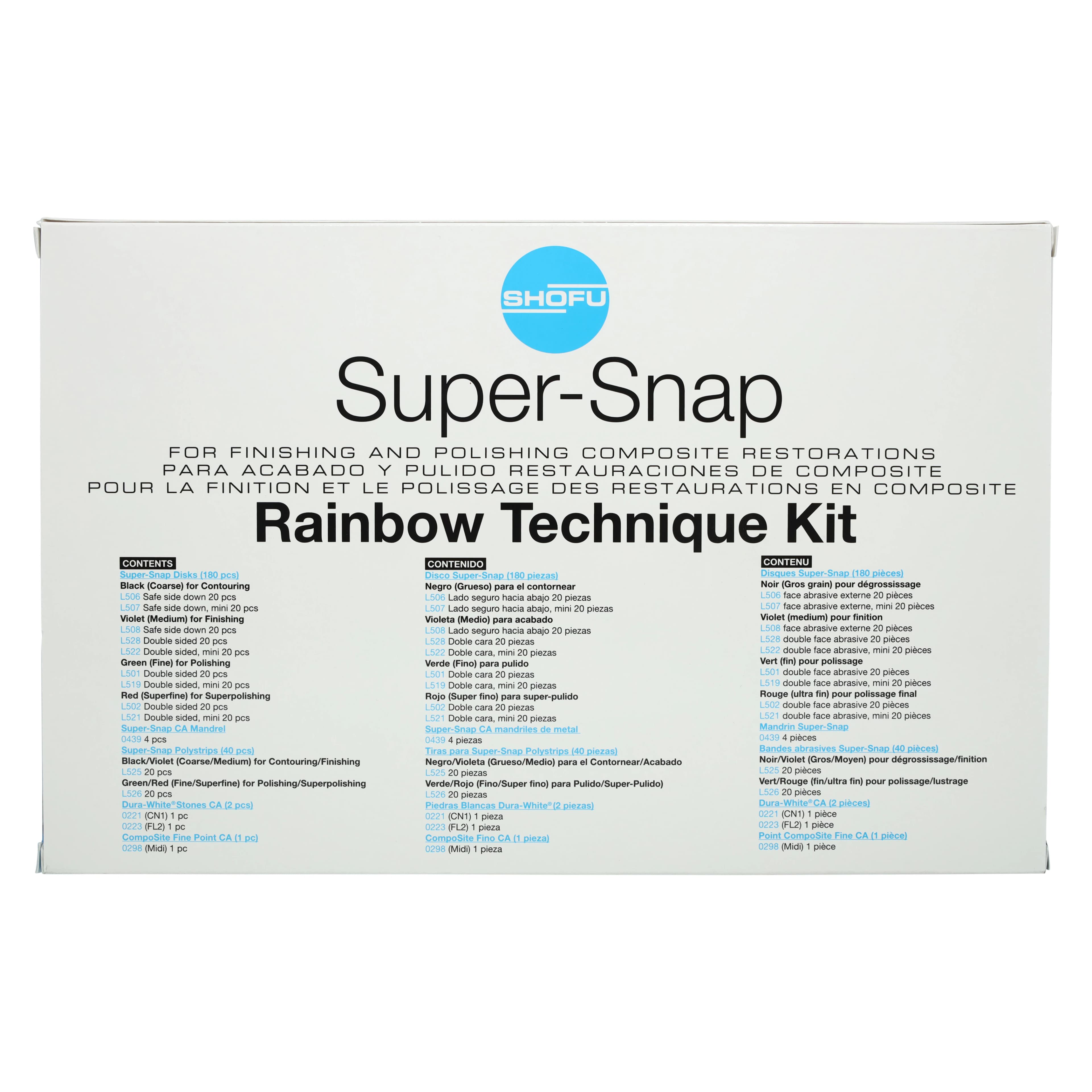 Shofu Super-Snap Rainbow Technique Kit, 180 Disks (100 Standard & 80 Mini), 40 Polystrips, 2 Dura-White Stones, 1 CompoSite Fine Midi-Point, 4 CA Mandrels, 0500 thumbnail 9
