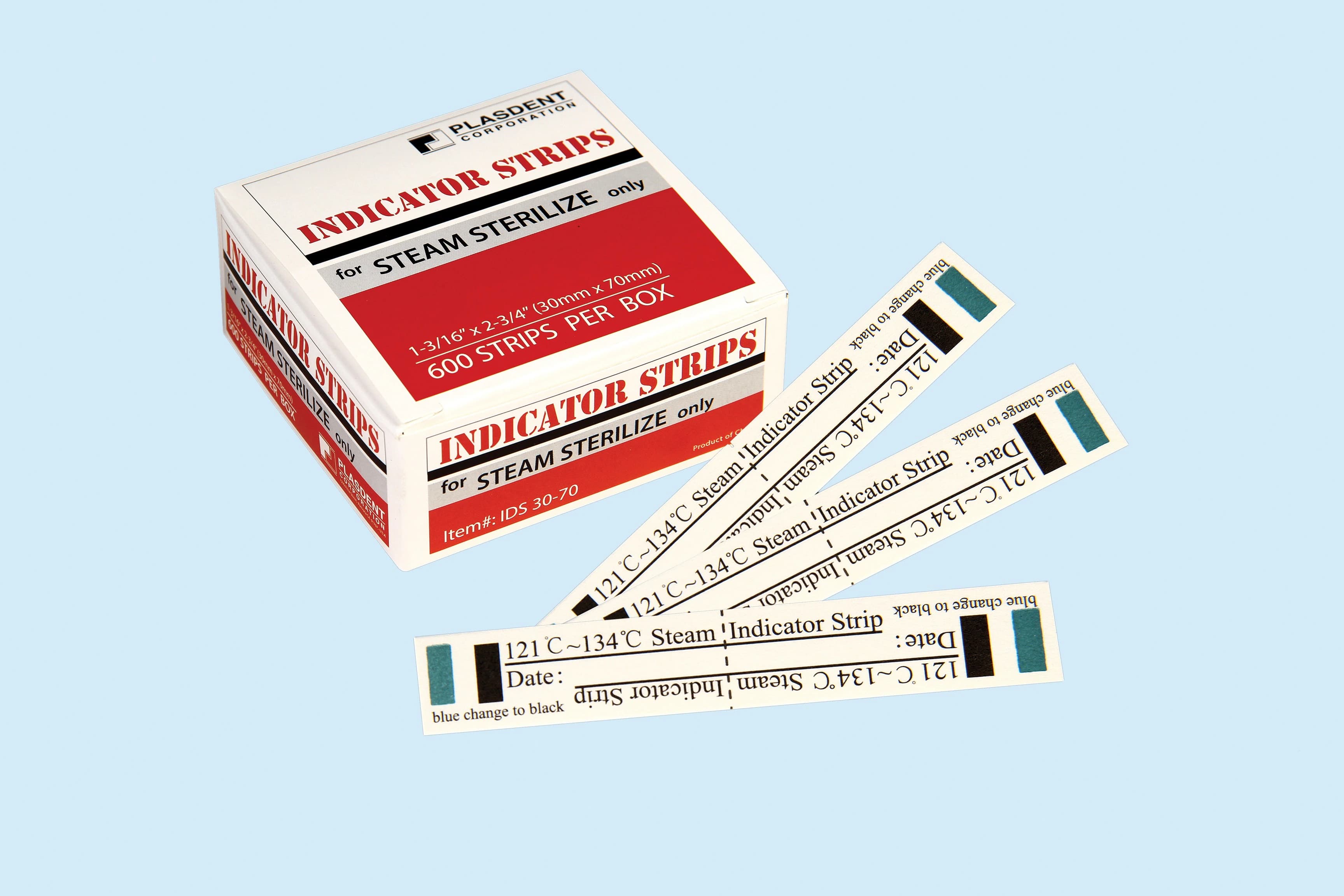 Plasdent Steam Sterilization Indicator Strips, Type 4, 1-3/16" x 2-3/4", Blue to Black, 600/Box, IDS30-70 - Plasdent - Indicator Strips (600Pcs/Bx) 1-3/16"X2-3/4", Steam, IDS30-70 - Image 1