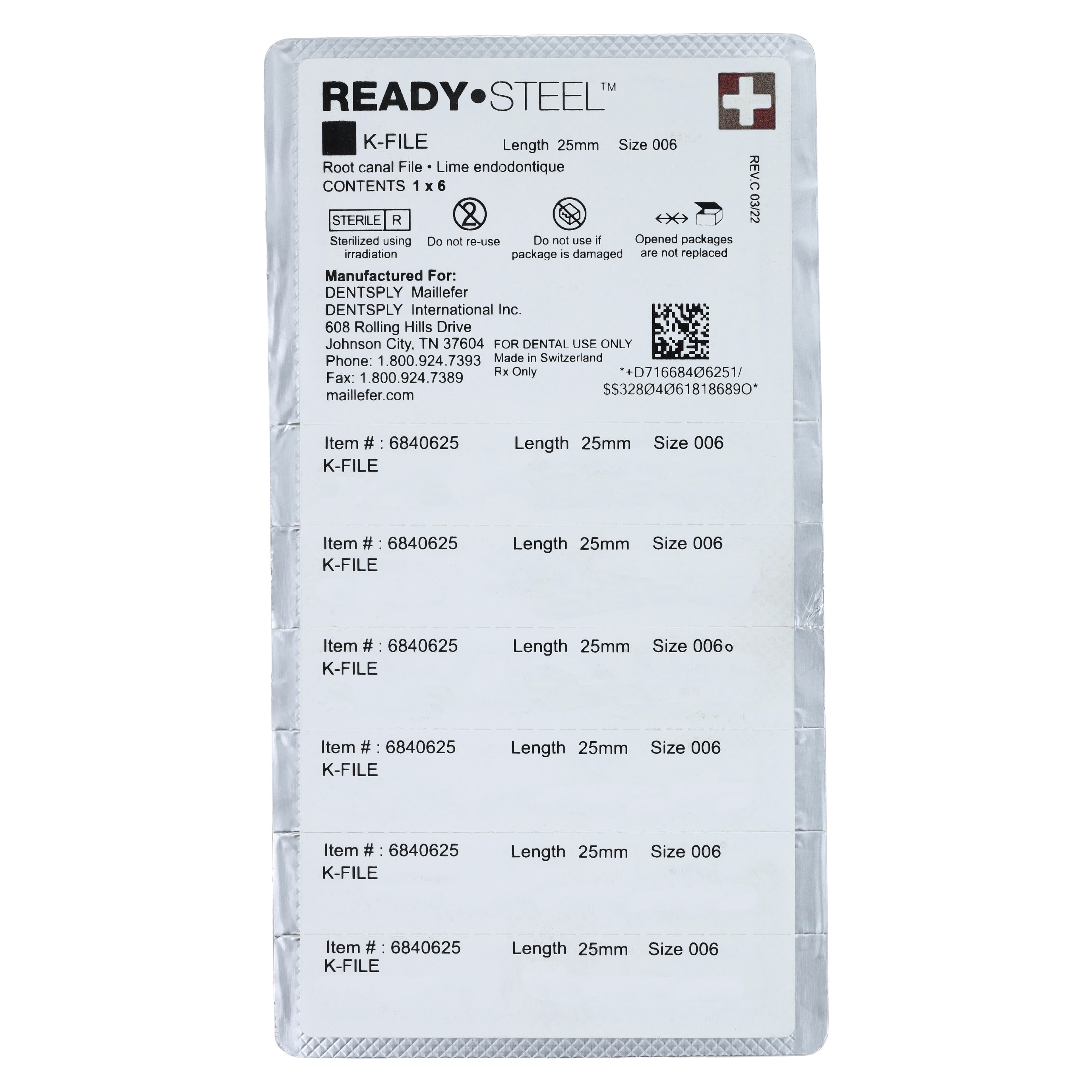 Dentsply Sirona READYSTEEL K-File, Size #06, 25mm, Stainless Steel, Sterile, Pink, 6/Pack, 6840625 thumbnail 2