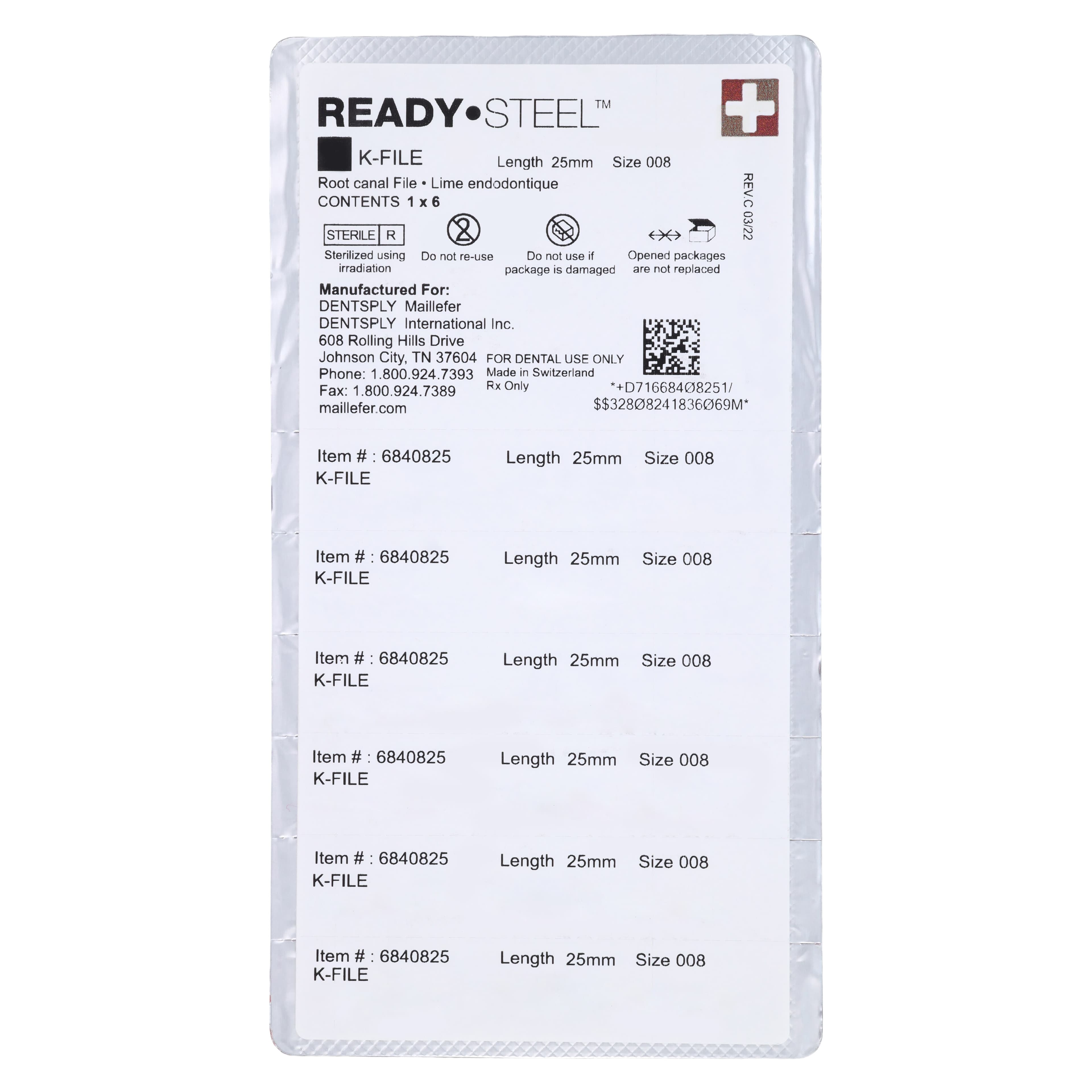 Dentsply Maillefer READYSTEEL K-File, Size #08, 25mm, Gray, Sterile, 6/Pack, 6840825 thumbnail 2
