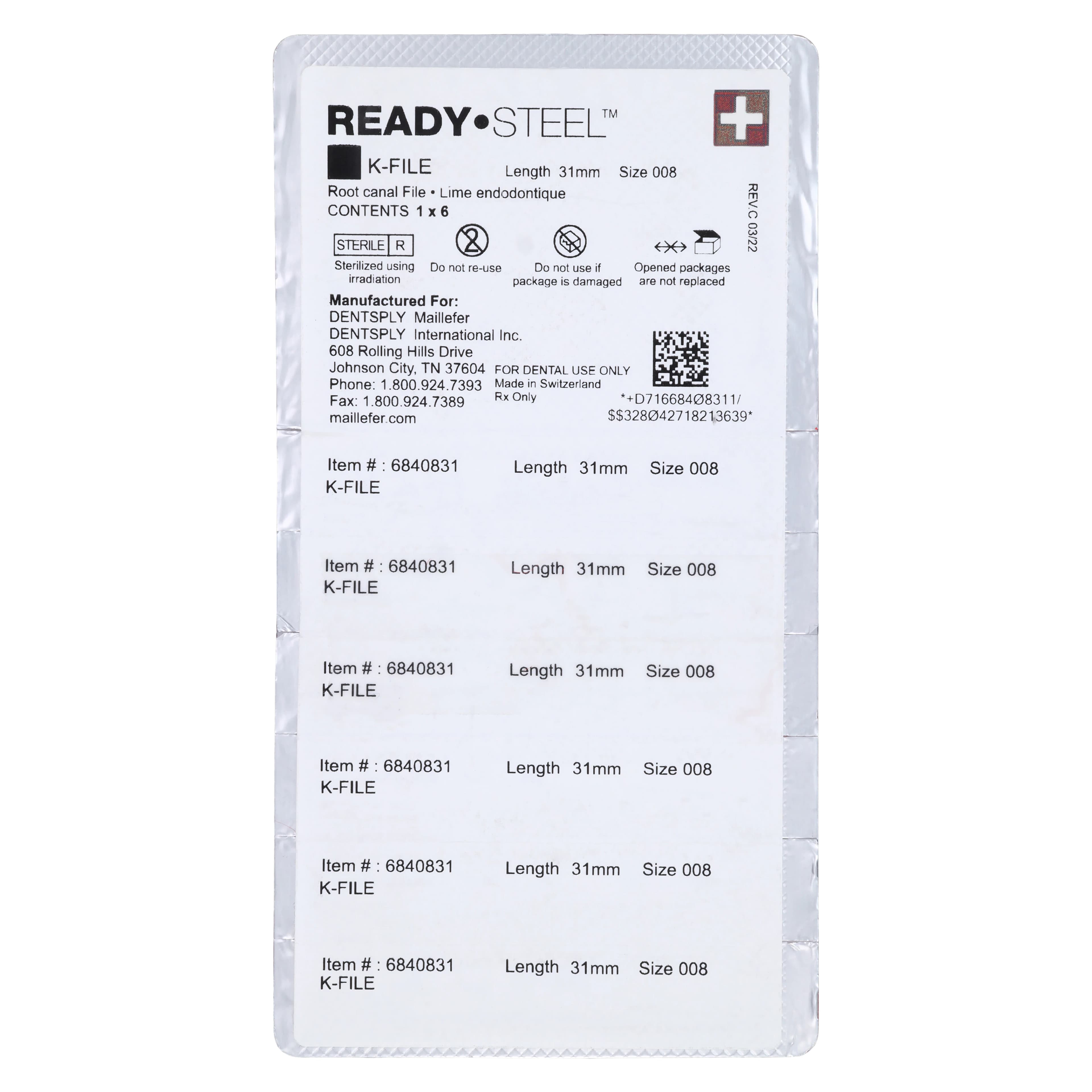Dentsply Maillefer READYSTEEL K-File, Size #08, 31 mm, Gray, Sterile, 6/Pack, 6840831 thumbnail 2