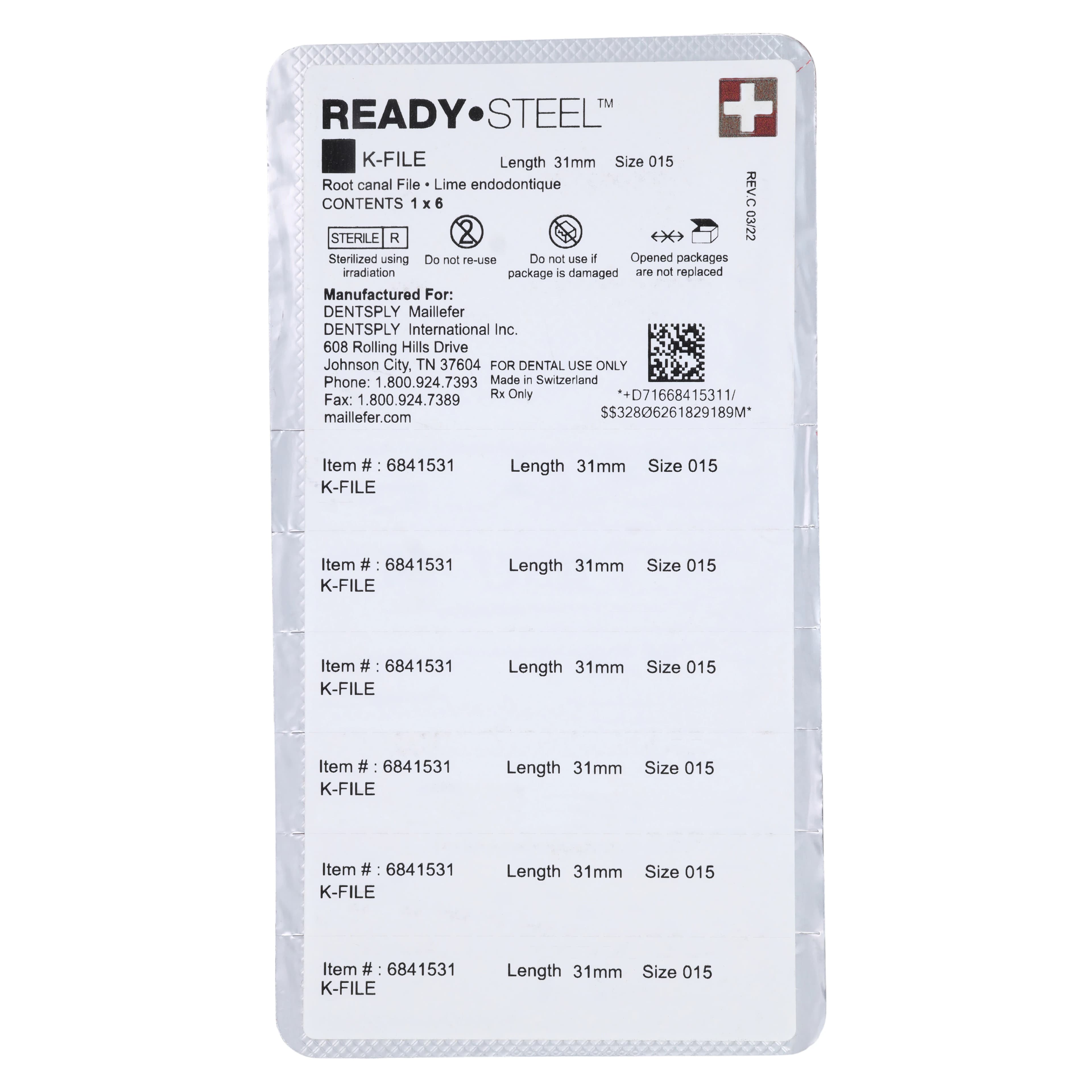 Dentsply Maillefer READYSTEEL K-File, Size #15, 31mm, White, Sterile, 6/Pack, 6841531 thumbnail 2