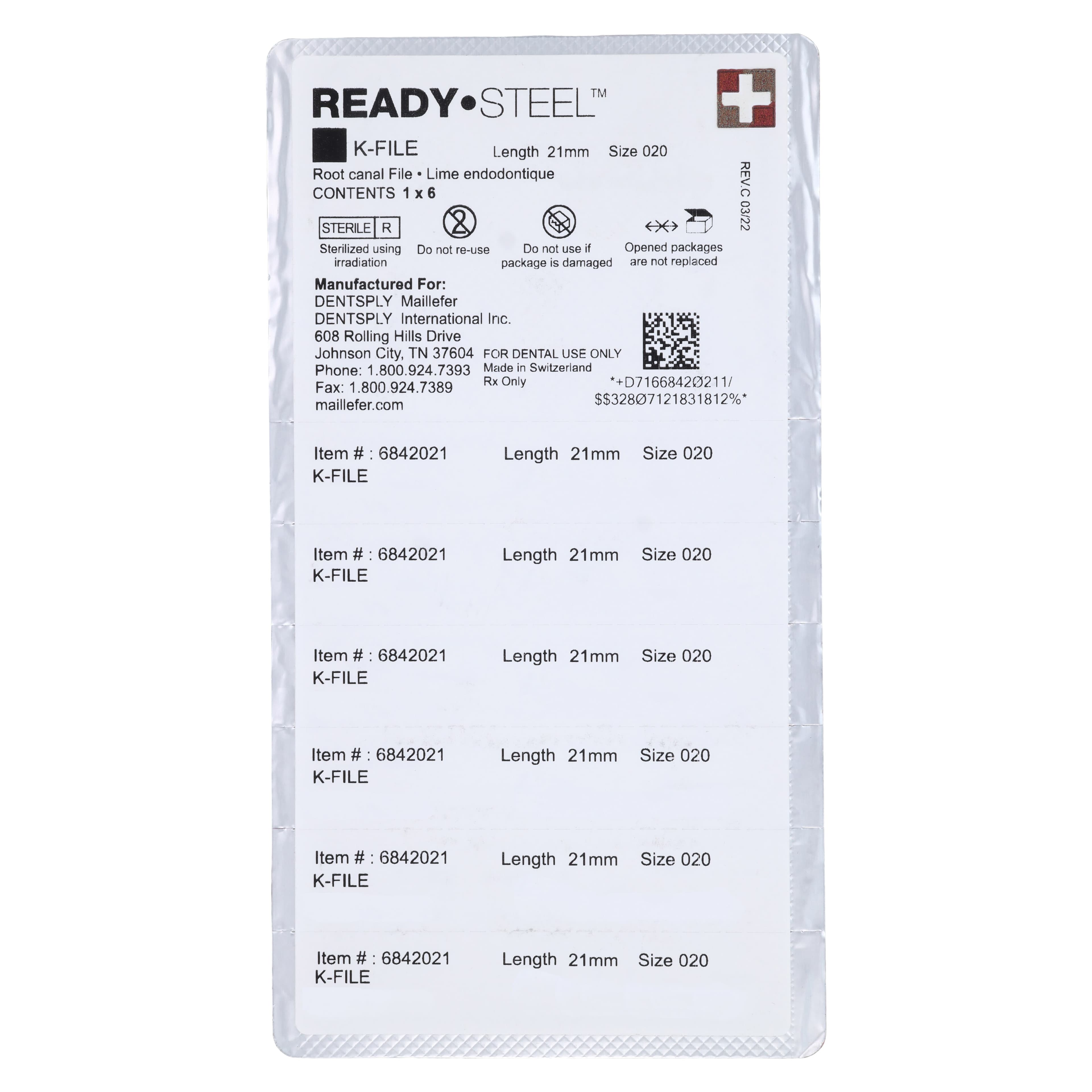 Dentsply Maillefer READYSTEEL K-File, Size #20, 21mm, Yellow, Sterile, 6/Pack, 6842021 thumbnail 2