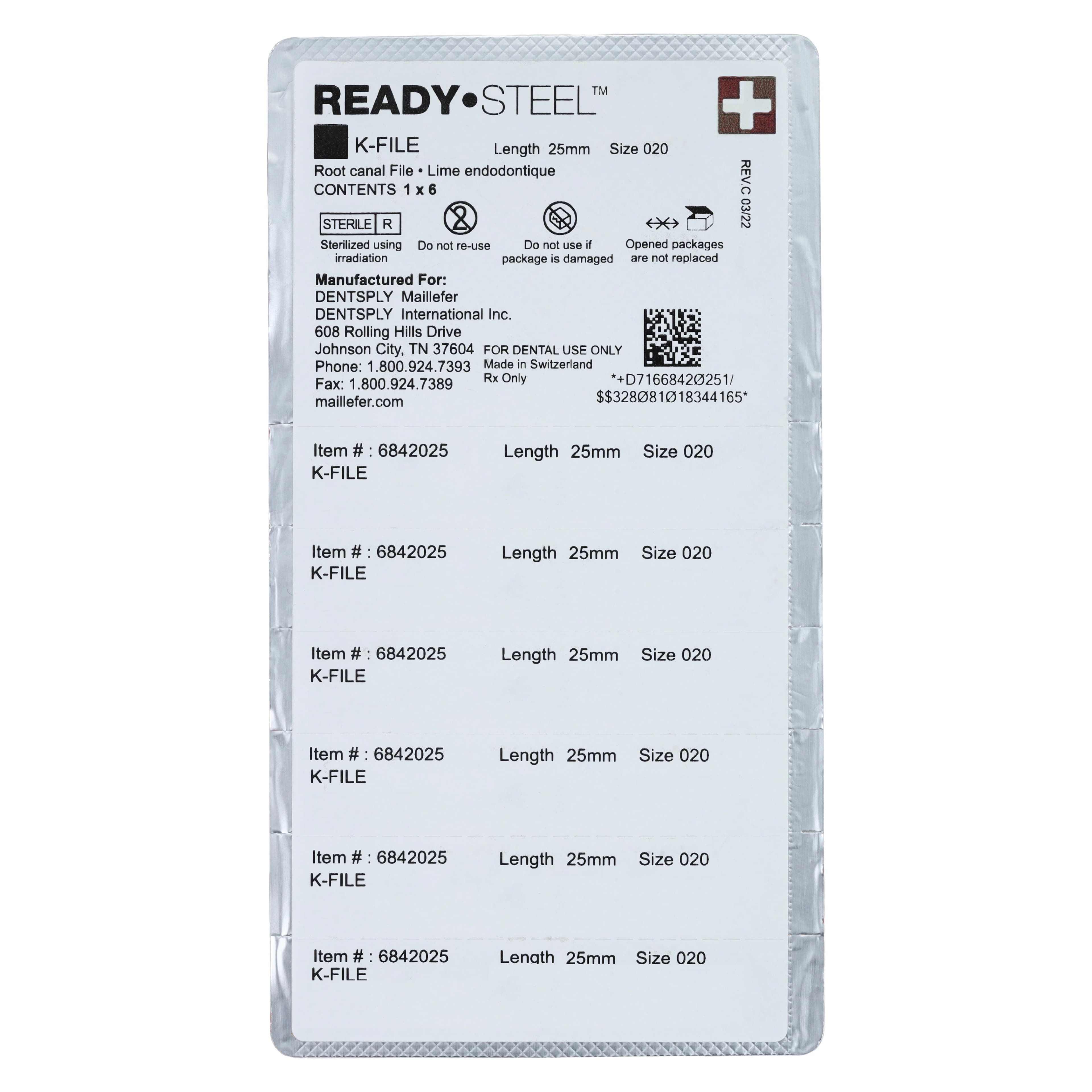 Dentsply Sirona Maillefer READYSTEEL K-File, Size #20 (Yellow), 25mm, Sterile, Stainless Steel, 6/Pack, 6842025 thumbnail 2