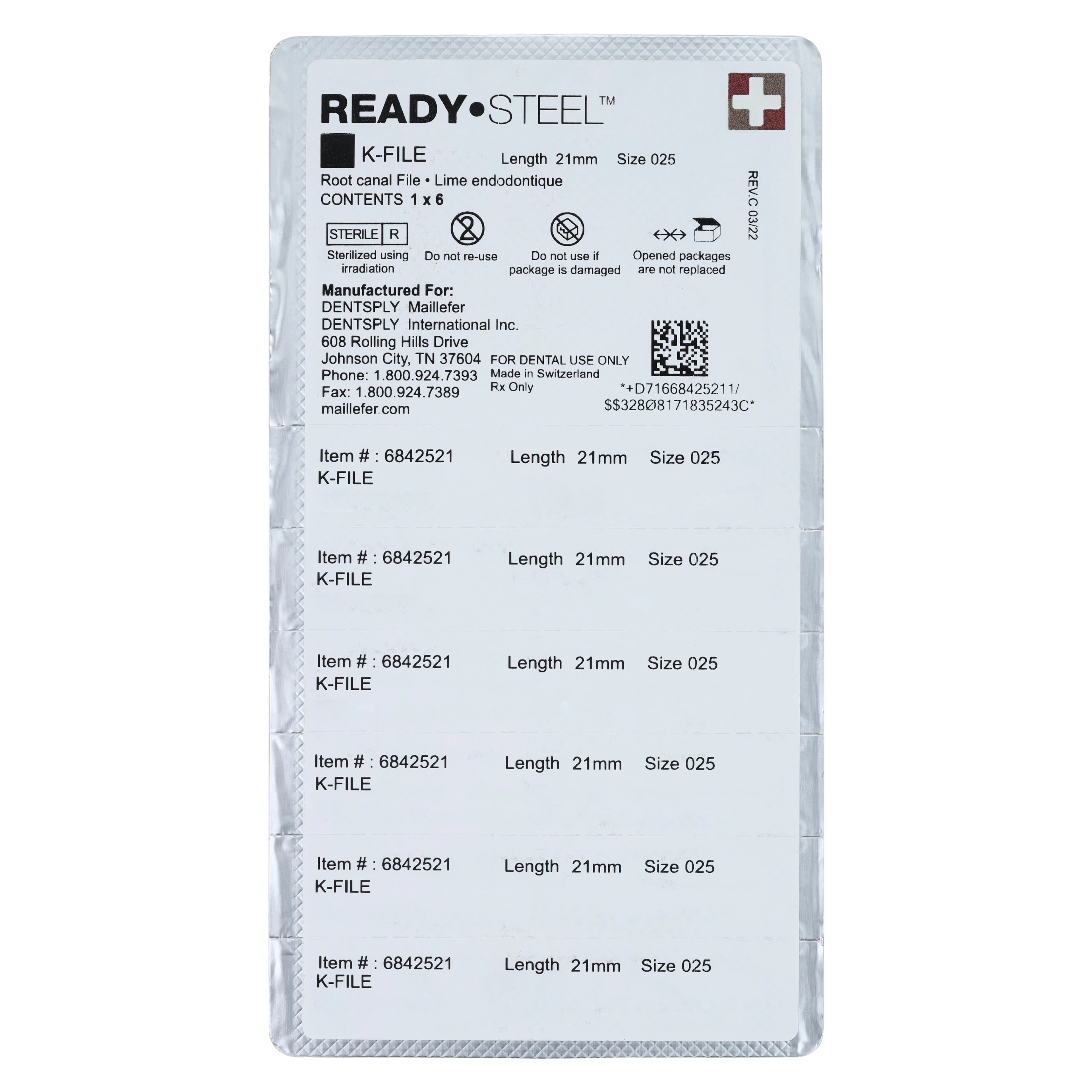 Dentsply Sirona Maillefer READYSTEEL K-File, Size #25, 21mm, Red, Sterile, 6/Pack, 6842521 thumbnail 2