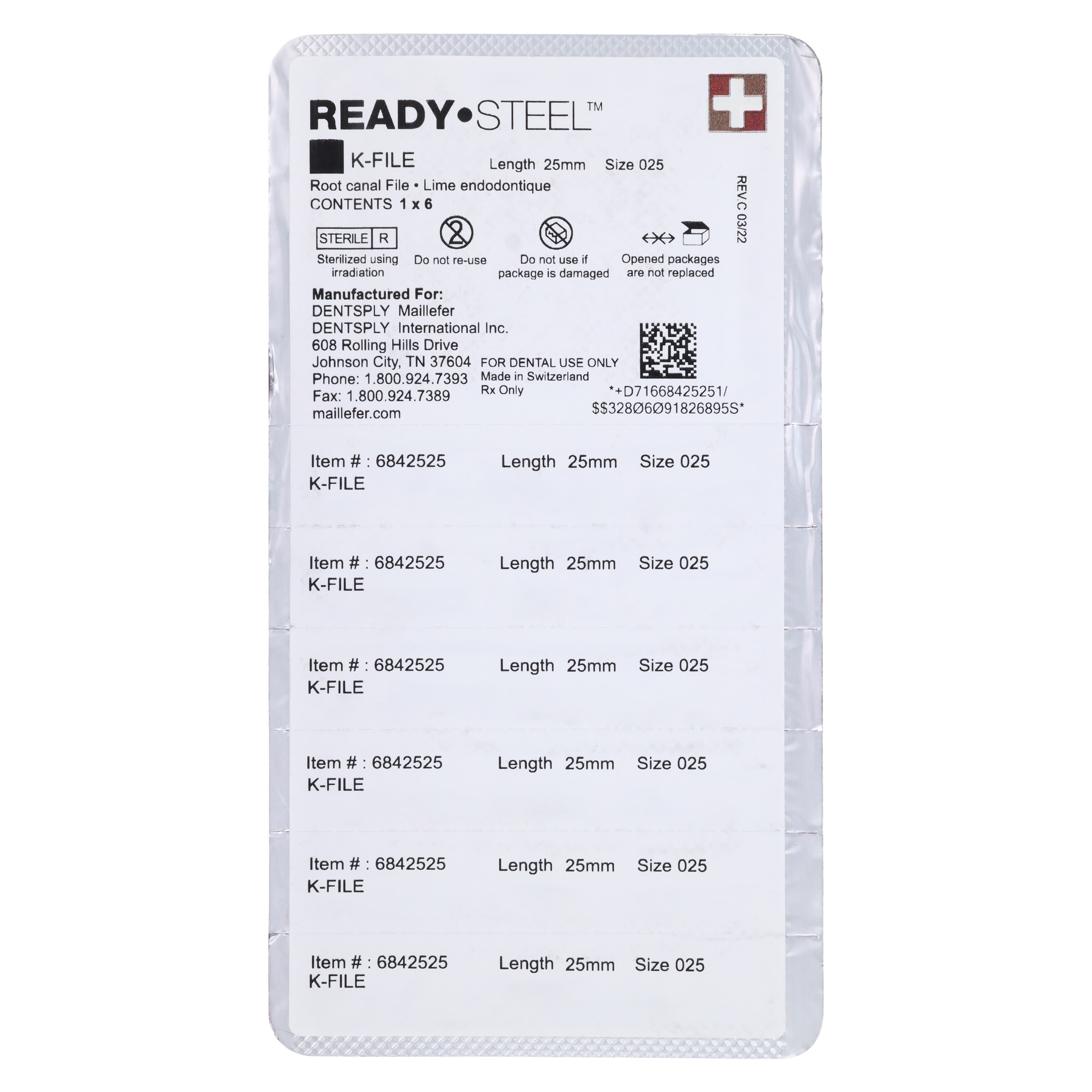 Dentsply Sirona Maillefer READYSTEEL K-File, Size #25, 25mm, Red, Sterile, 6/Pack, 6842525 thumbnail 2