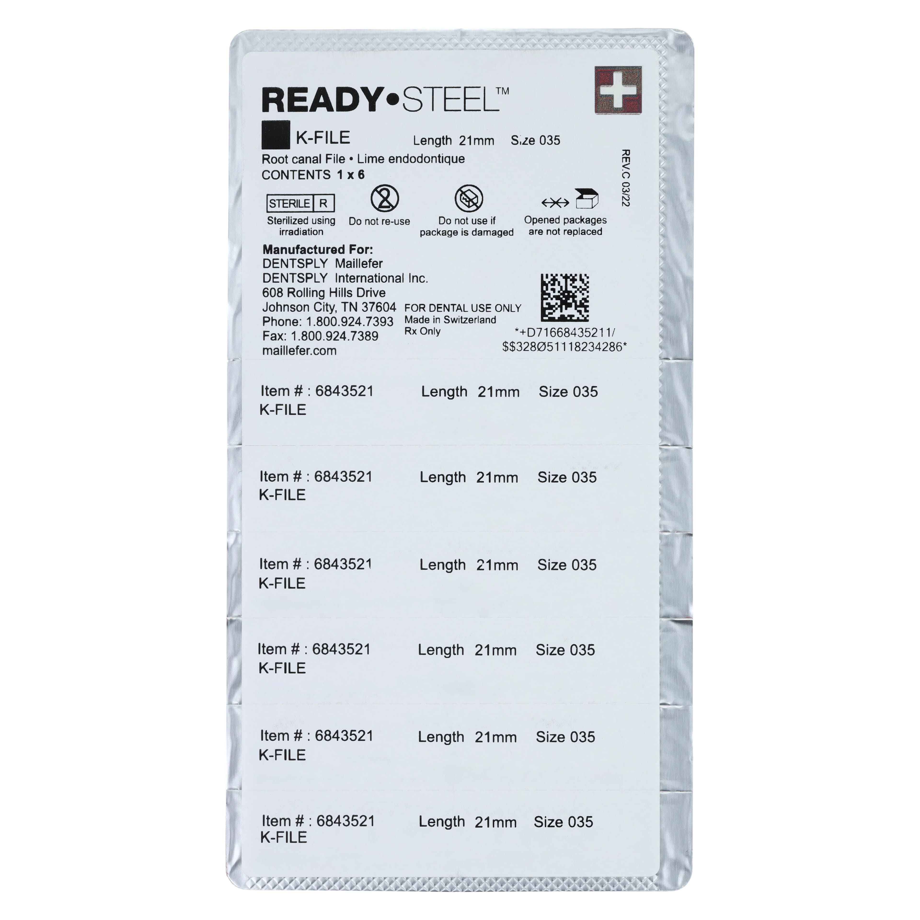 Dentsply Sirona Maillefer READYSTEEL K-File, #35, 21mm, Green, Sterile, 6/Pack, 6843521 thumbnail 2
