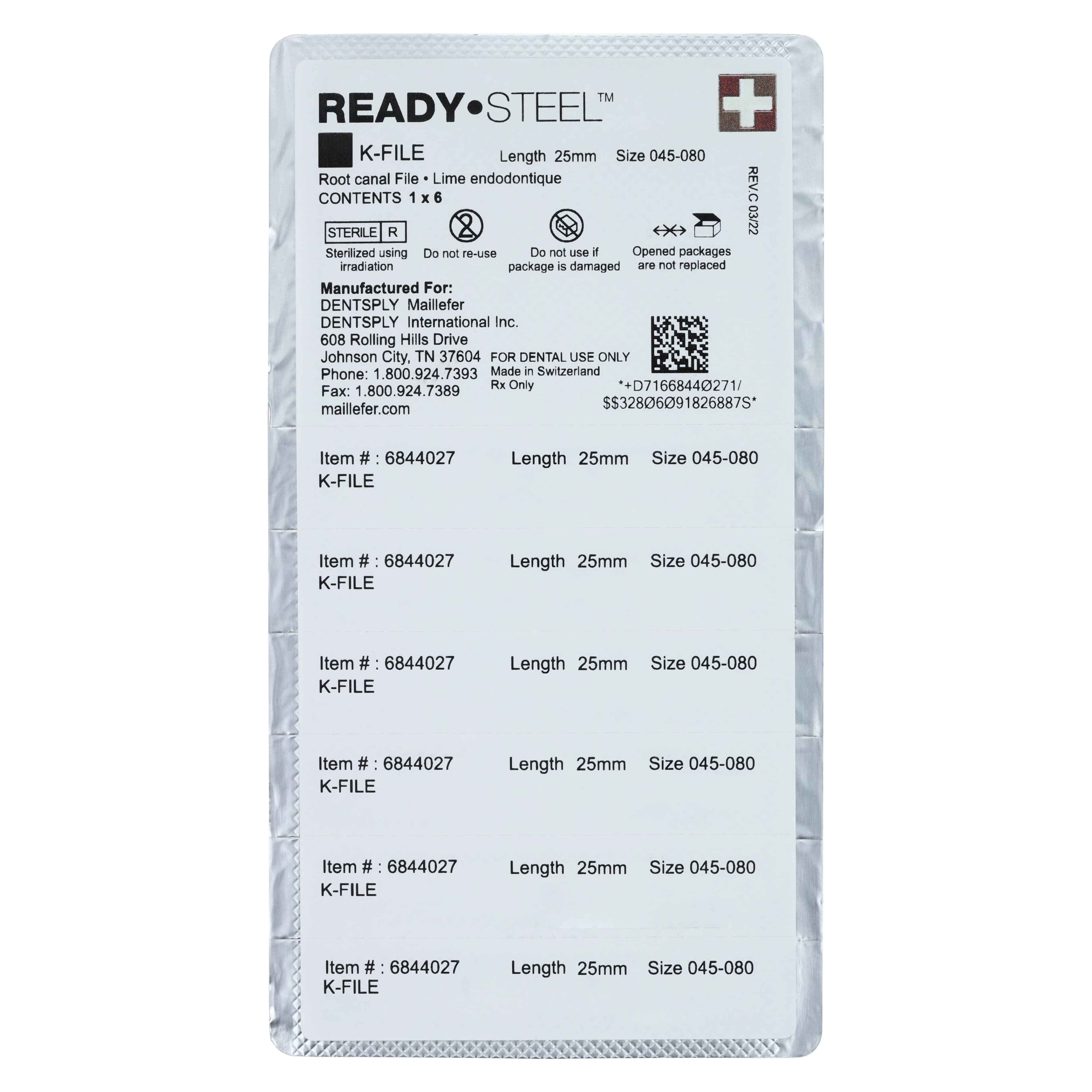 Dentsply Maillefer READYSTEEL K-File, Stainless Steel, Sterile, 25 mm, #45-80 Assorted, 6/Pkg, 6844027 thumbnail 2