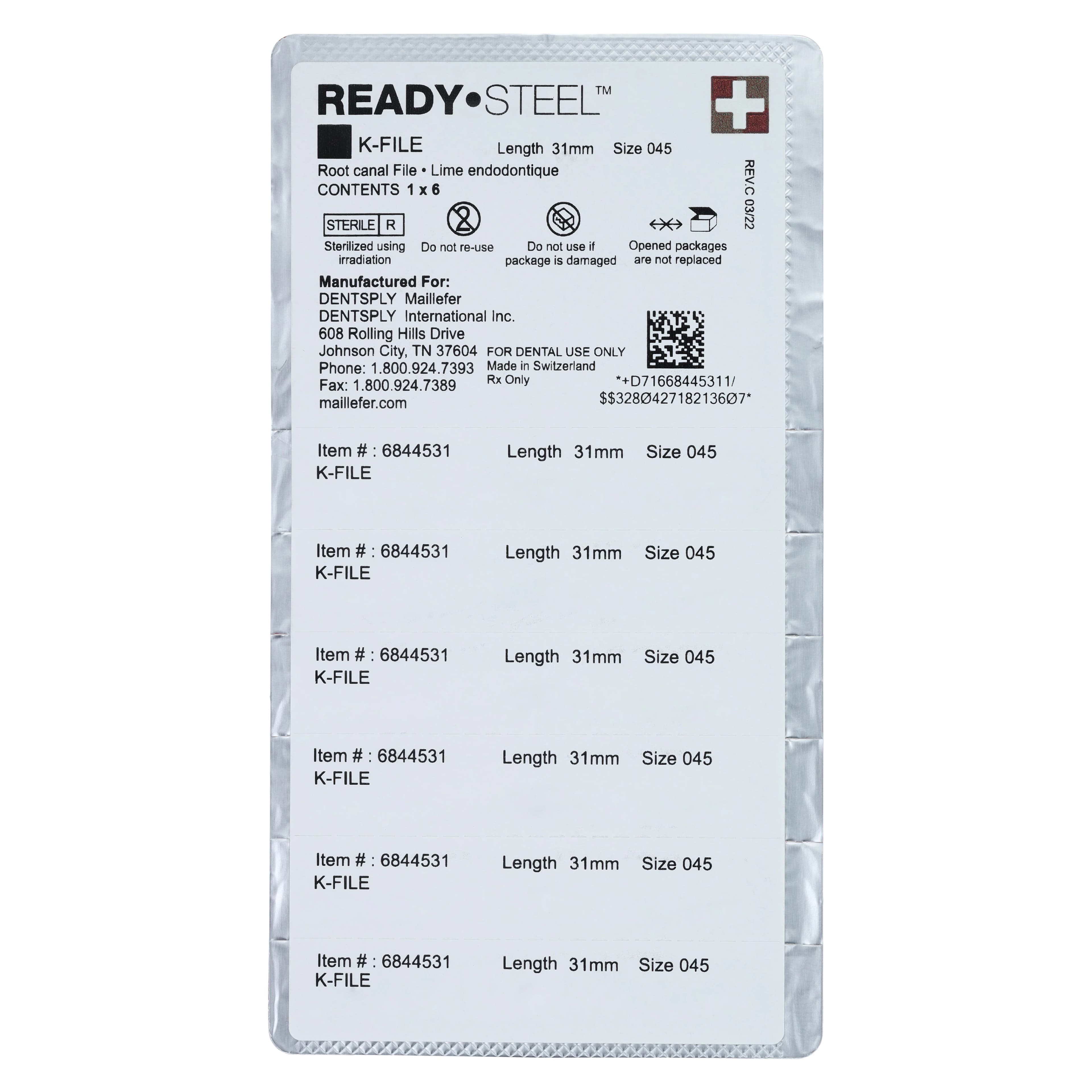 Dentsply Maillefer READYSTEEL K-File, #45, 31mm, White, Sterile, 6/Pack, 6844531 thumbnail 2