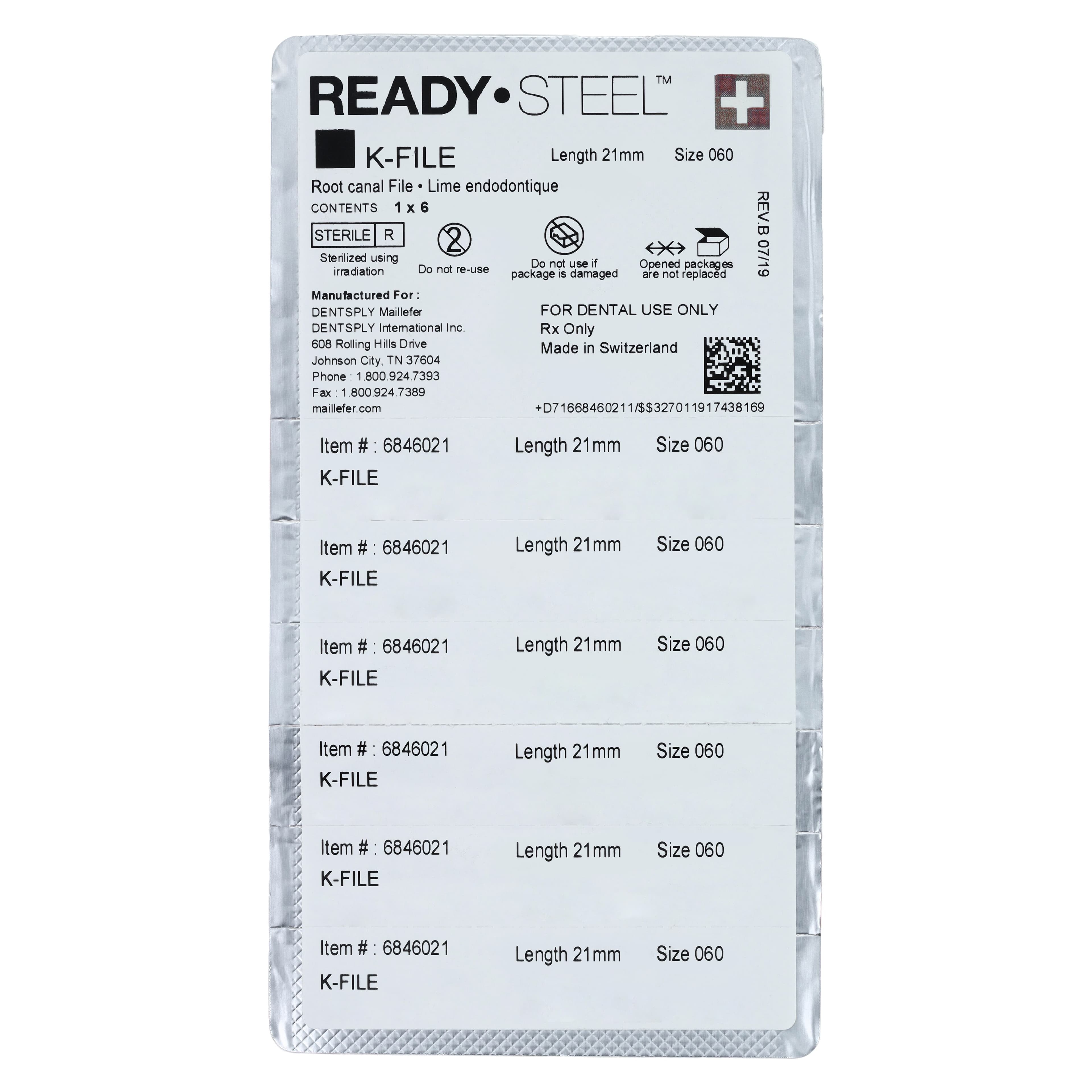Dentsply Maillefer READYSTEEL K-File, Size #60, 21mm, Blue, Sterile, 6/Pack, 6846021 thumbnail 2