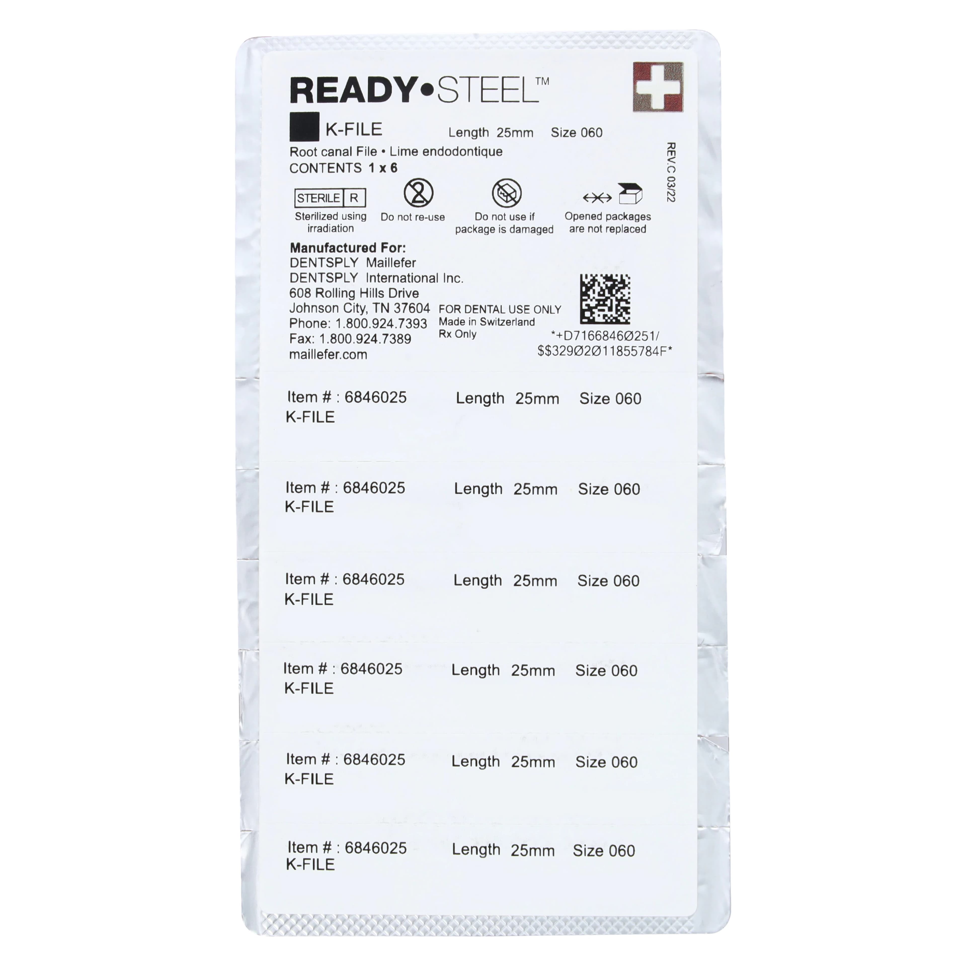 Dentsply Maillefer READYSTEEL K-File, Size #60, 25mm, Blue, Sterile, 6/Pack, 6846025 thumbnail 2