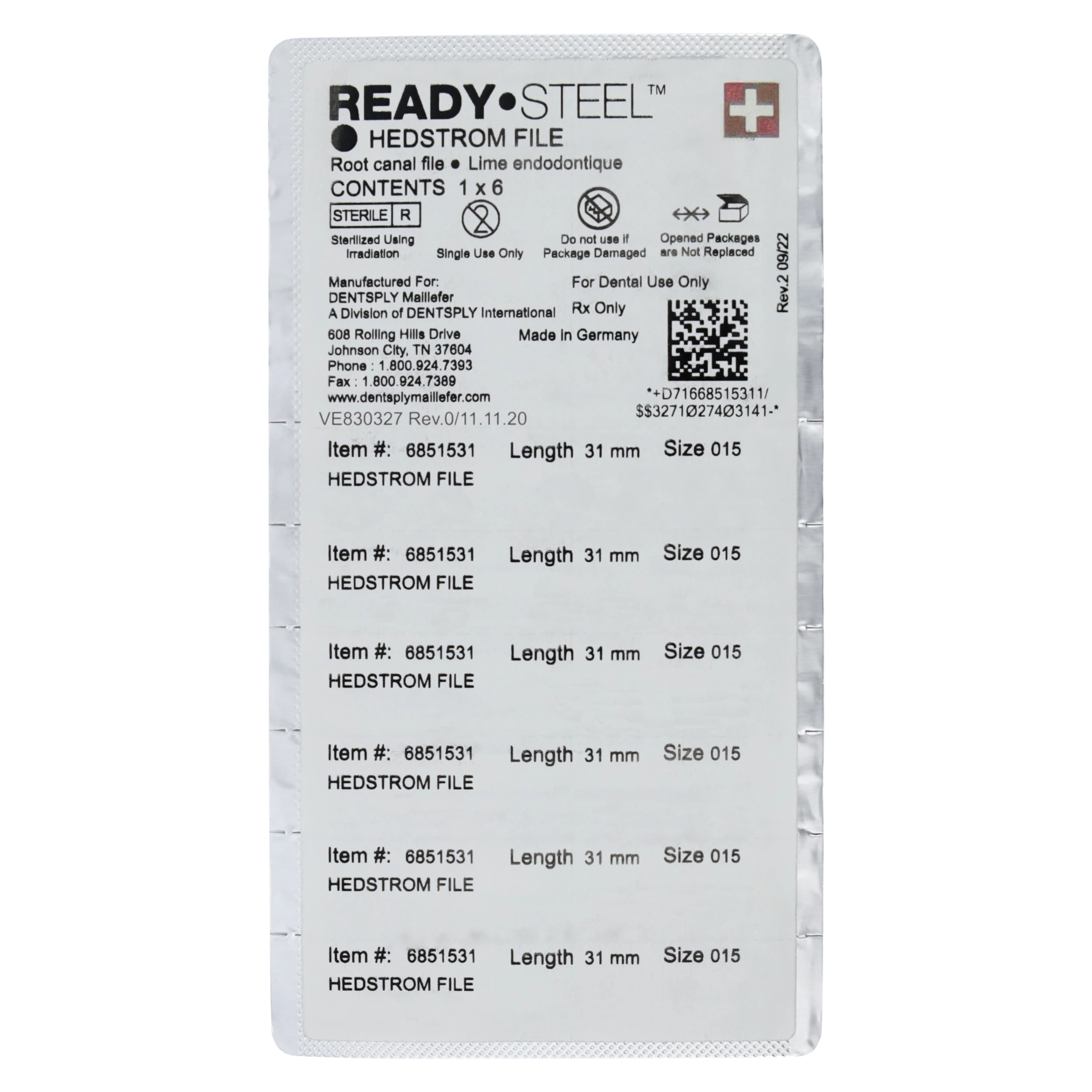 Dentsply Sirona Ready-Steel Sterile Hedstrom Files, Stainless Steel, 31 mm, #15, White, 6/Pk, 6851531 thumbnail 2