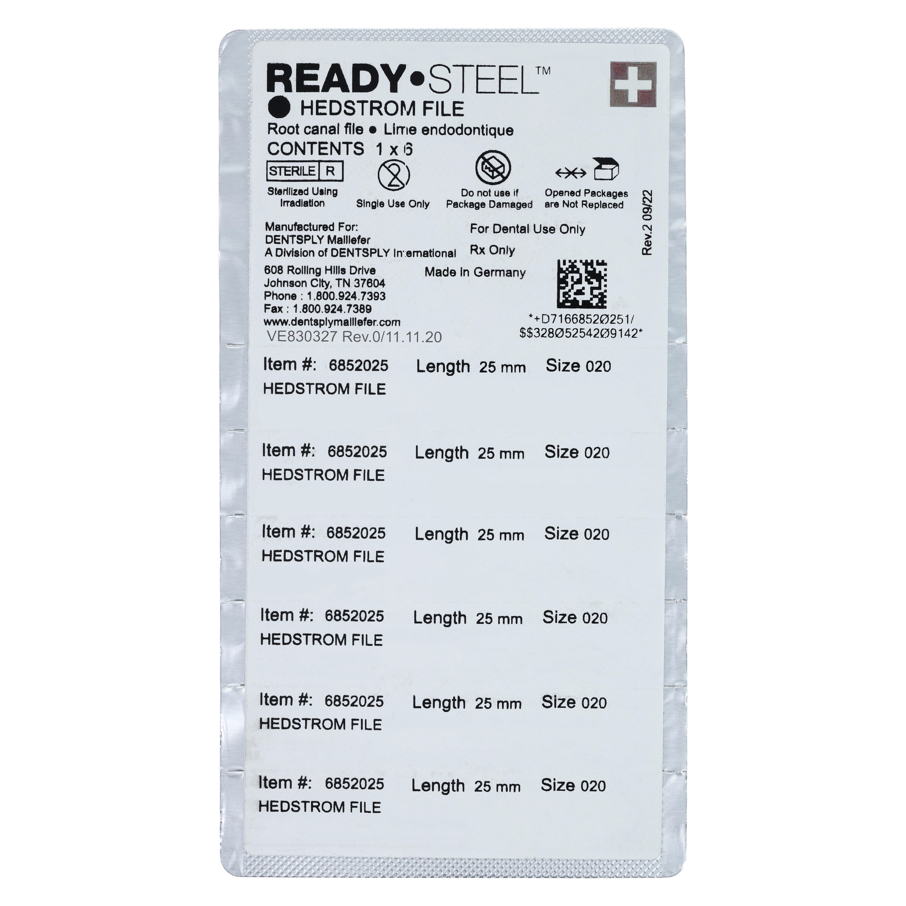 Ready-Steel Sterile Hedstrom Files, Stainless Steel, 25 mm, #20, Yellow, 6/Pk, 6852025 thumbnail 2
