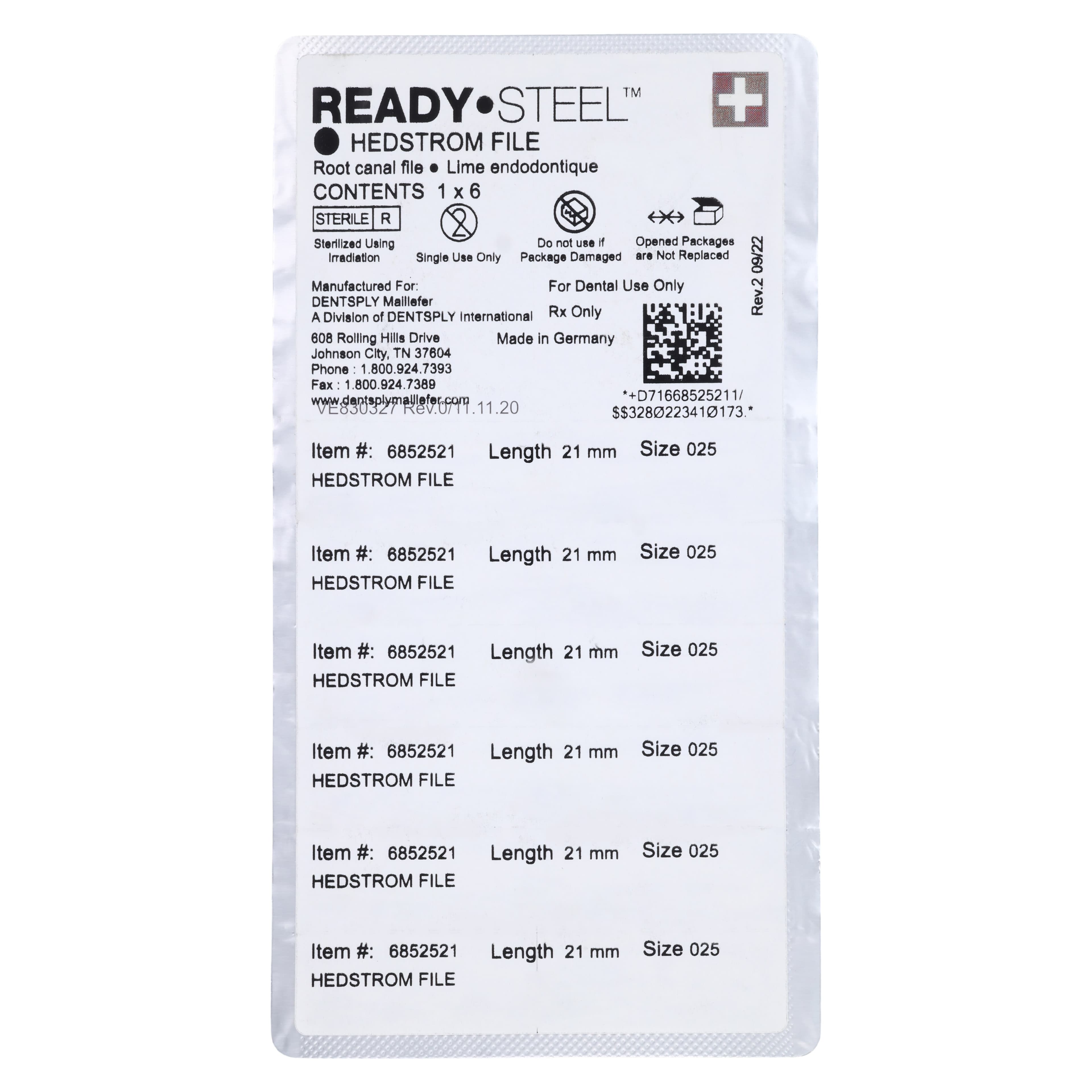 Ready-Steel Sterile Hedstrom Files, Stainless Steel, 21 mm, #25, Red, 6/Pk, 6852521 thumbnail 2