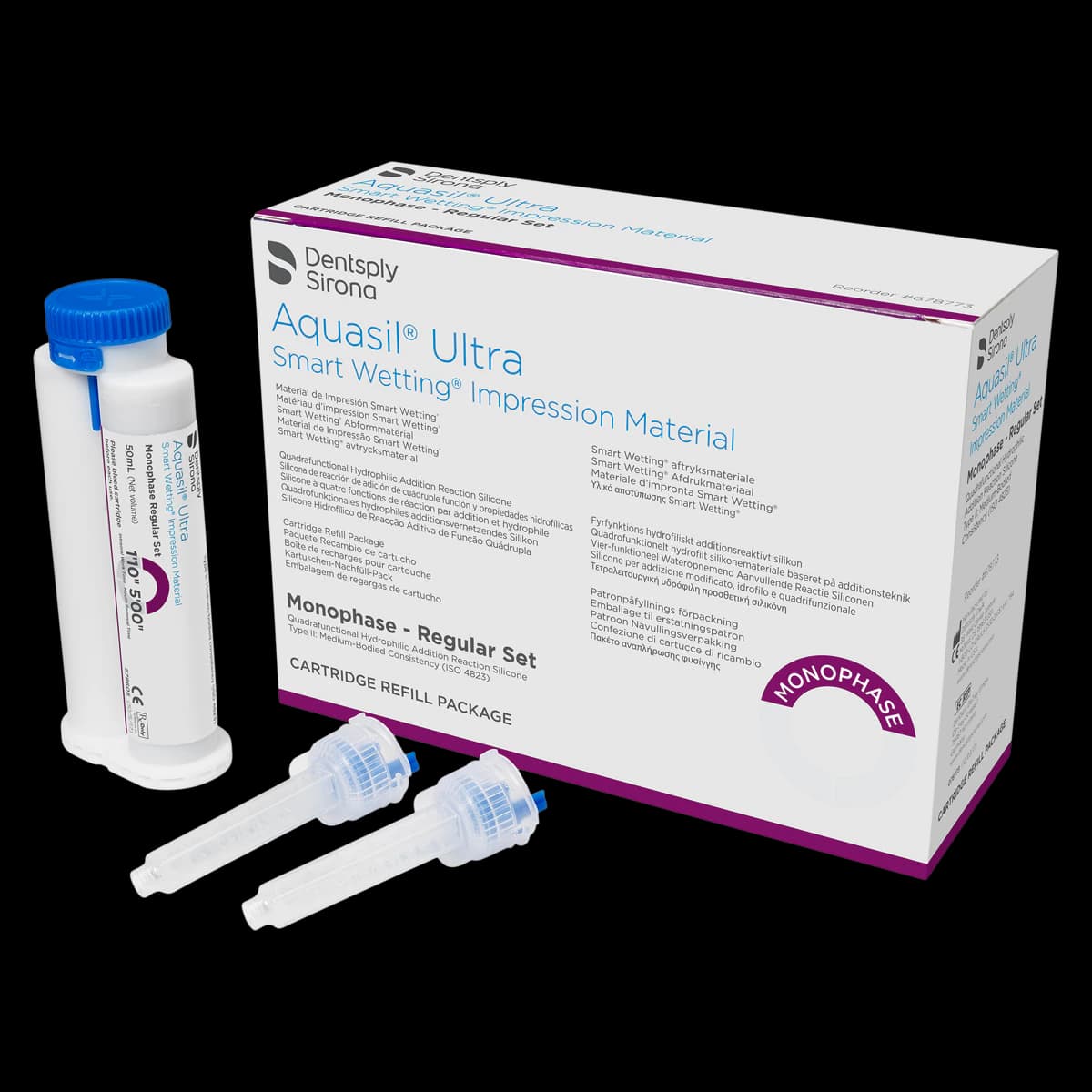 Aquasil Ultra Smart Wetting Impression Material, Monophase, Regular Set, Mint, Purple, 4 x 50 ml Cartridges with 12 Mixing Tips, Refill, 678773 - Aquasil Ultra Smart Wetting Impression Material, Cartridge Pack, Monophase, Regular Set, 50 ml, Mint, Purple, 4/Pk, 678773 - Image 1