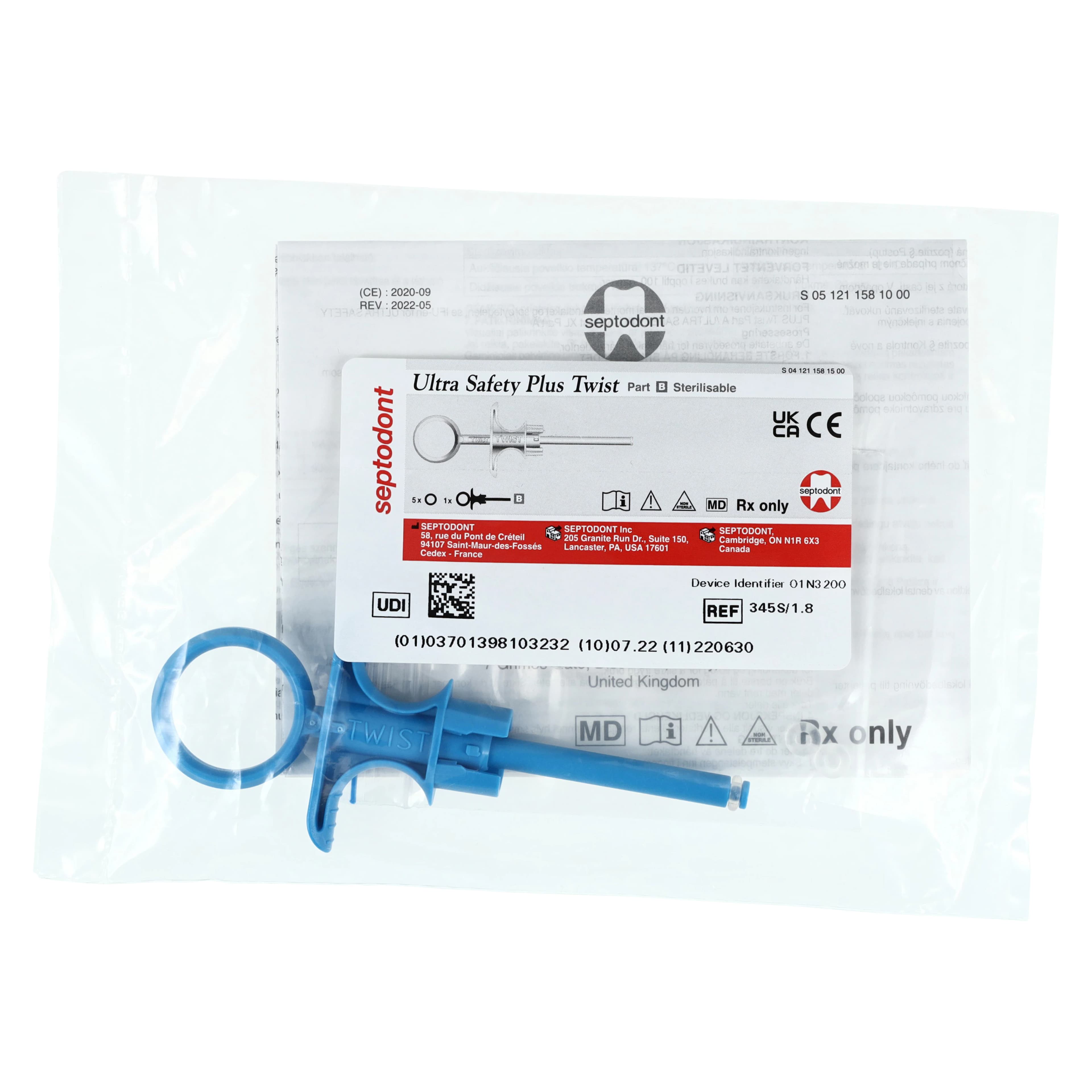 Septodont Ultra Safety Plus Twist XL Sterile Injection Needles, 30G Short, Blue, 100/Box with 1 Syringe Handle, 01N4501 thumbnail 2